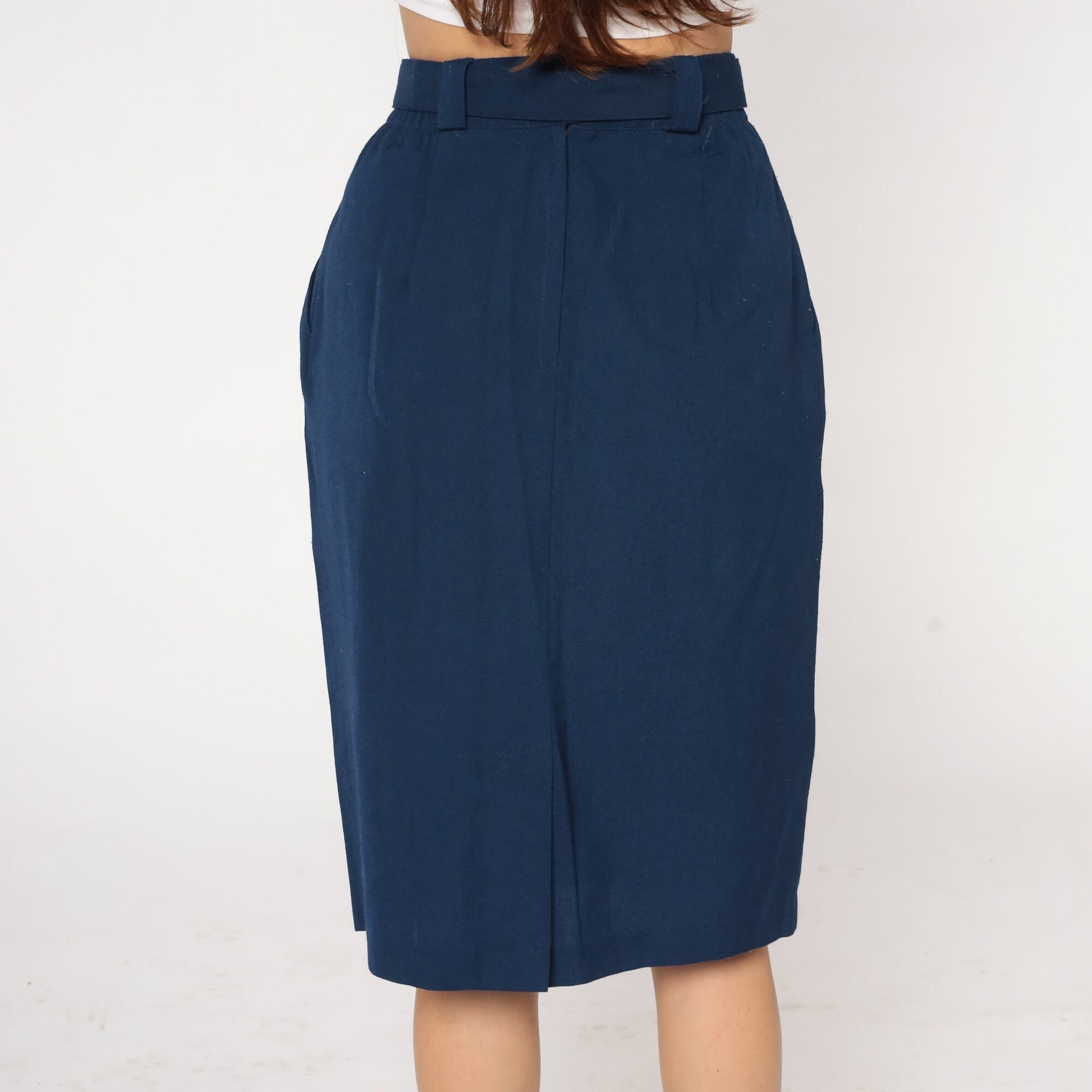 80s Navy Pencil Skirt High Waisted Knee Length Belted Small