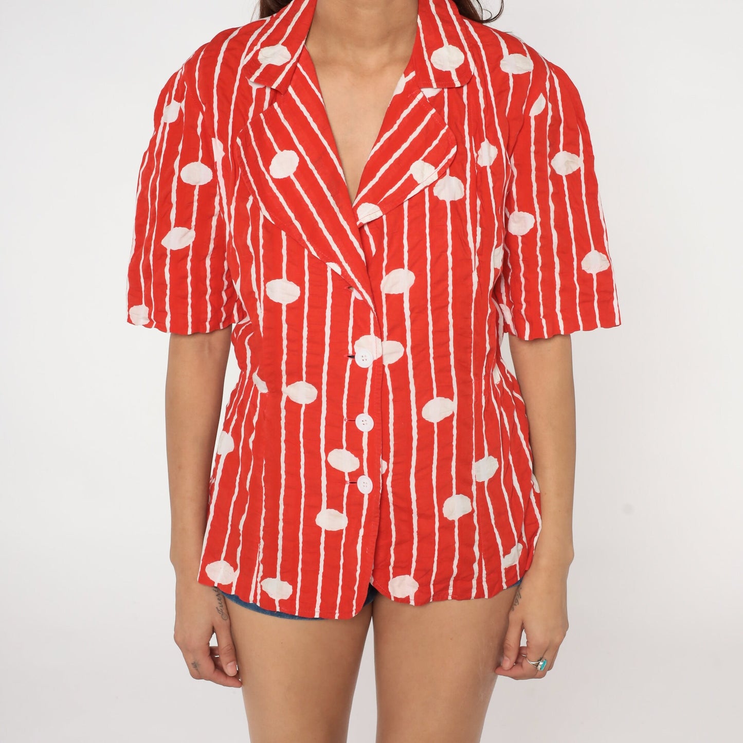 80s Red Striped Polka Dot Cotton Button-Up Blouse Short Sleeve Notched Collar Large L