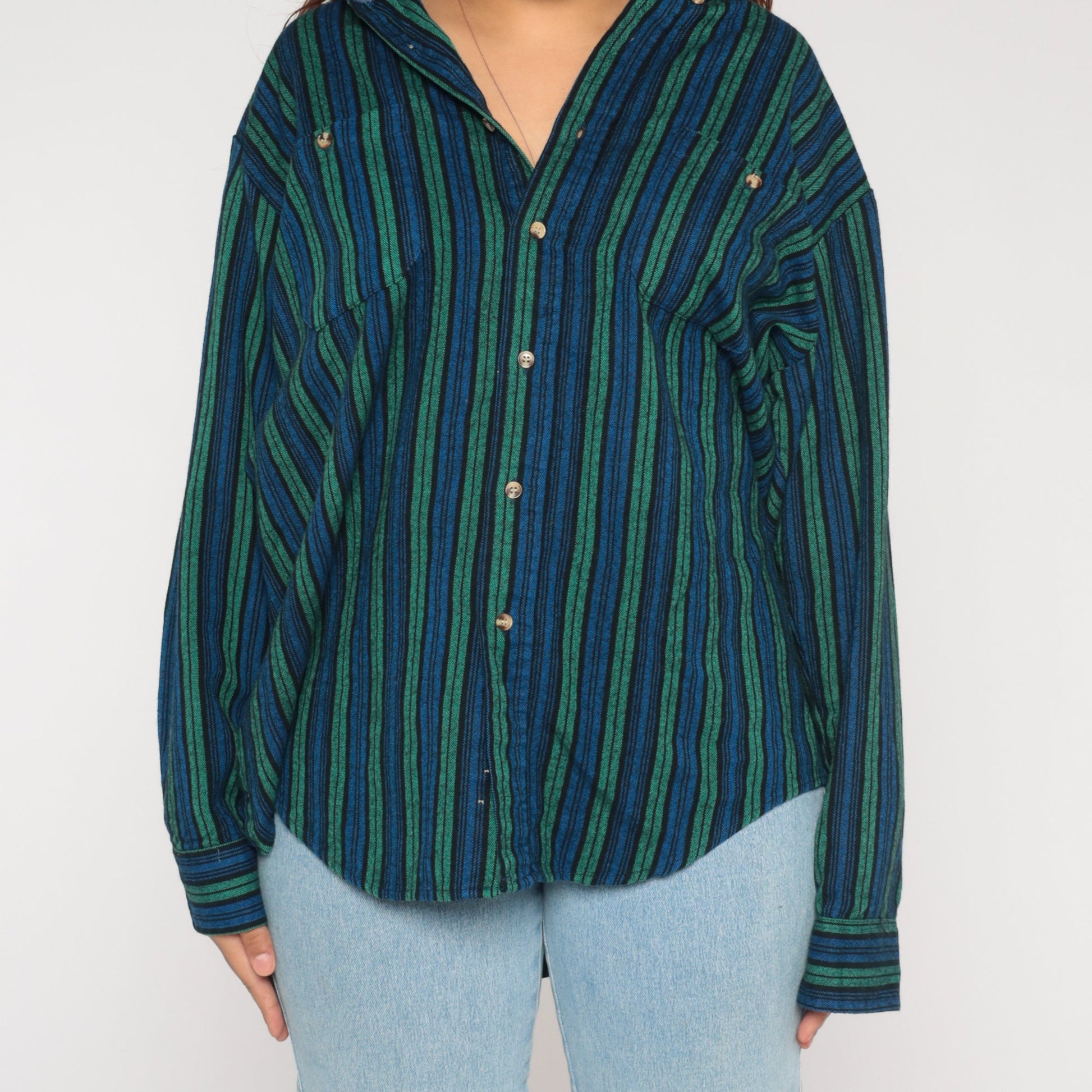 90s Woven Striped Button-Up Shirt Blue Green Long Sleeve Collared Extra Large
