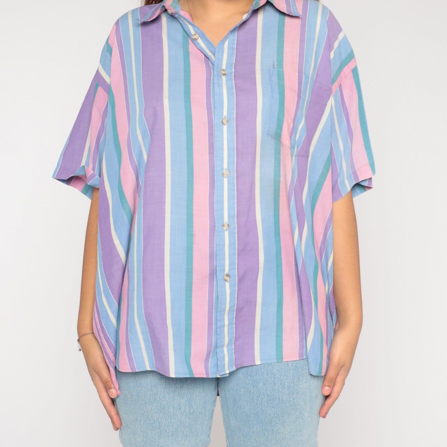 90s Striped Button-Up Shirt Pink Purple Green Short Sleeve Collar XXL