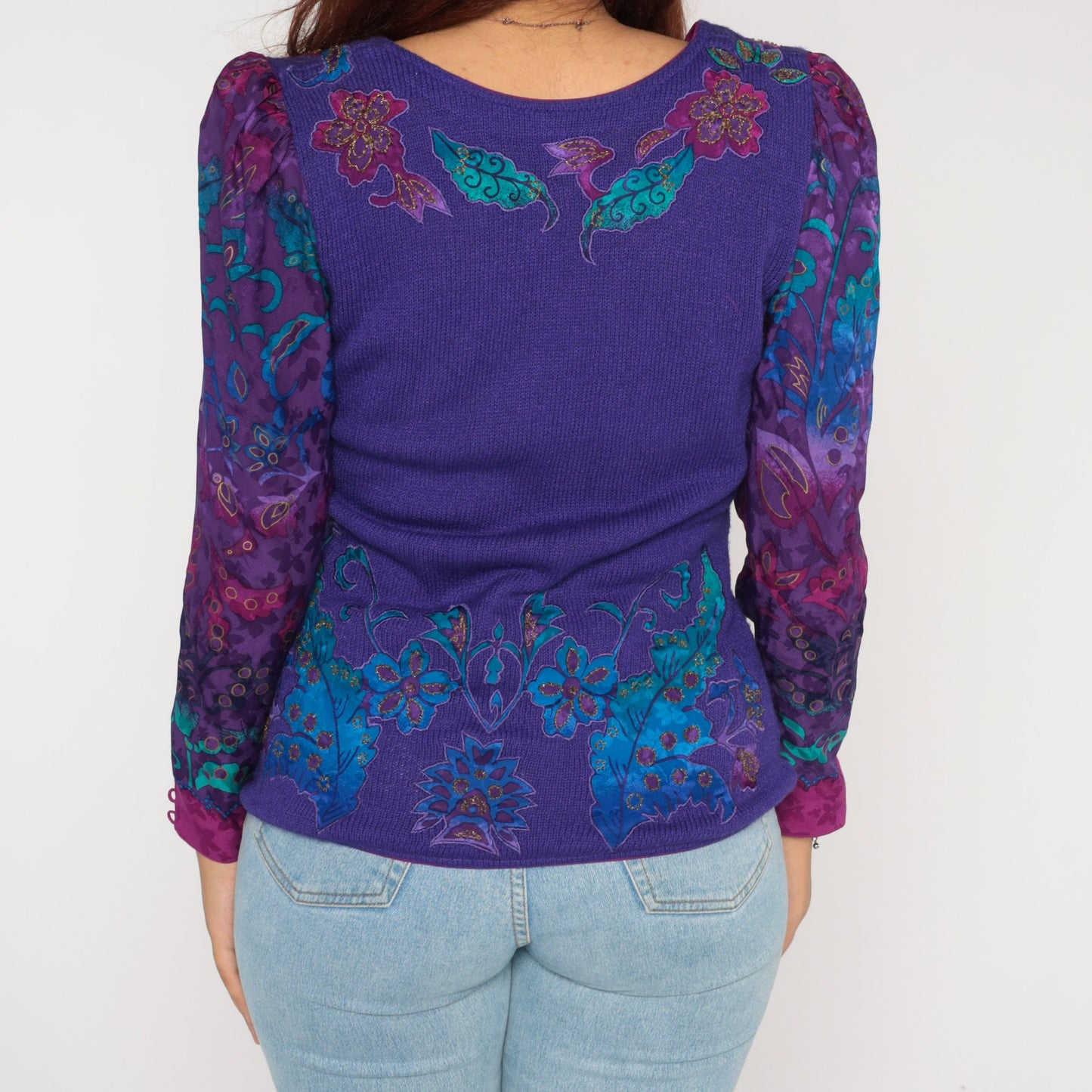 80s Purple Floral Knit Sweater Puff Sleeve V-Neck Appliqué Blouse Small S