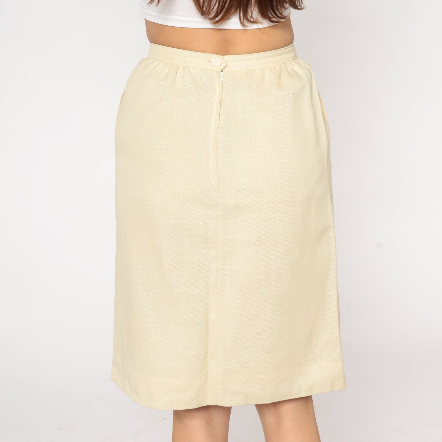 80s Cream Pencil Skirt Knee Length High Waisted Rear Zip Extra Small XS