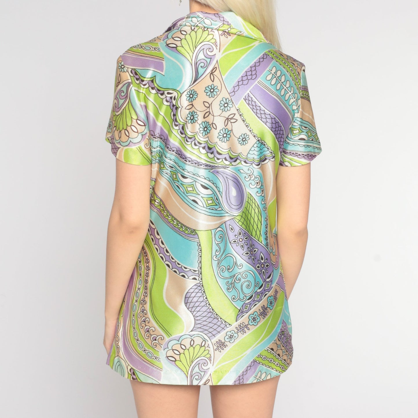 70s Psychedelic Paisley Floral Button-Up Blouse Short Sleeve Green Purple Small