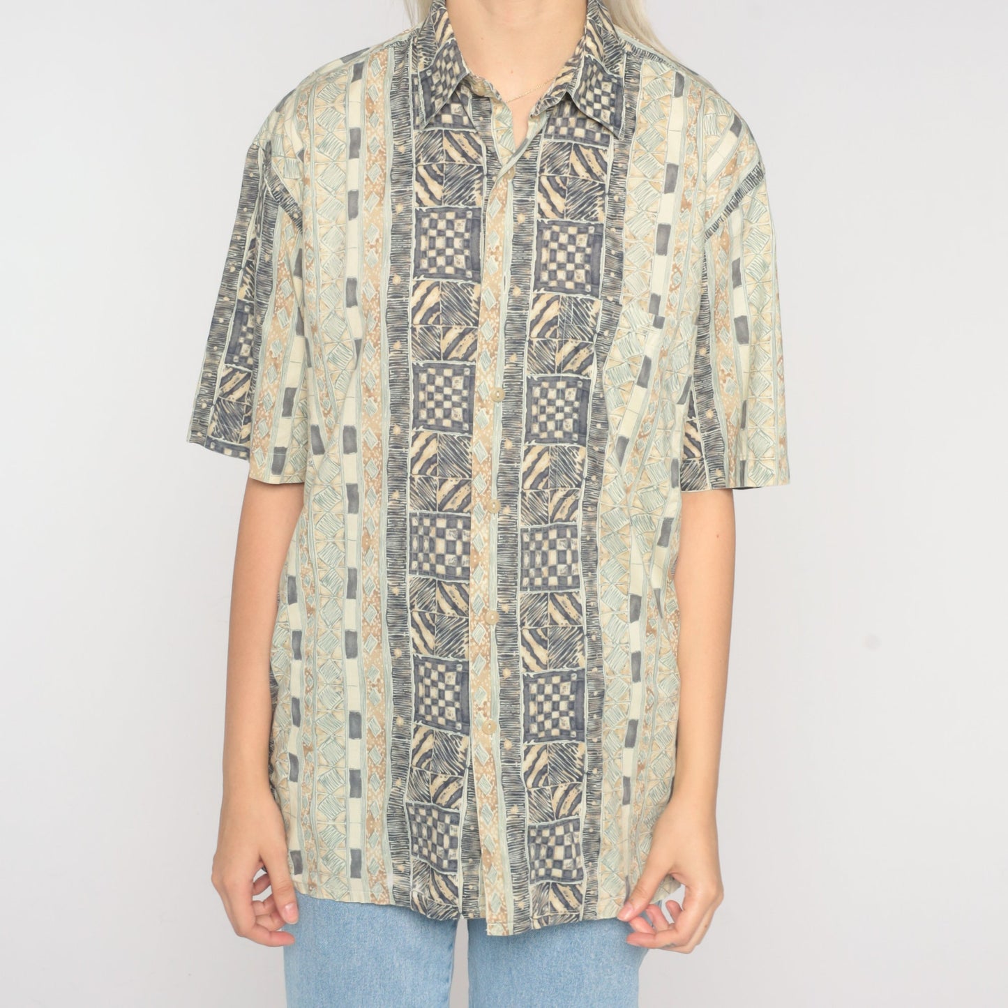 90s Geometric Zebra Print Button-Up Blouse Brown Beige Cotton Medium
