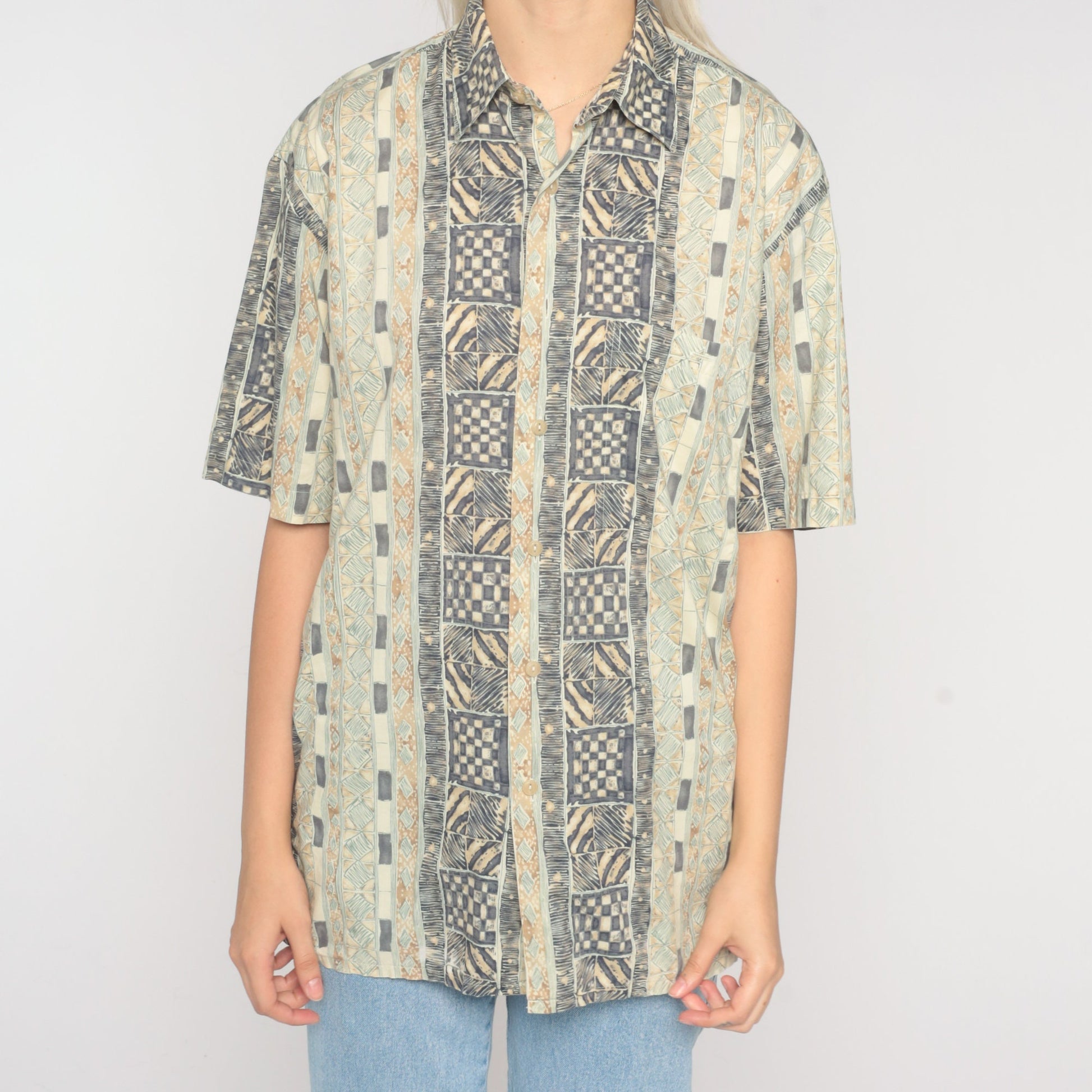 90s Geometric Zebra Print Button-Up Blouse Brown Beige Cotton Medium