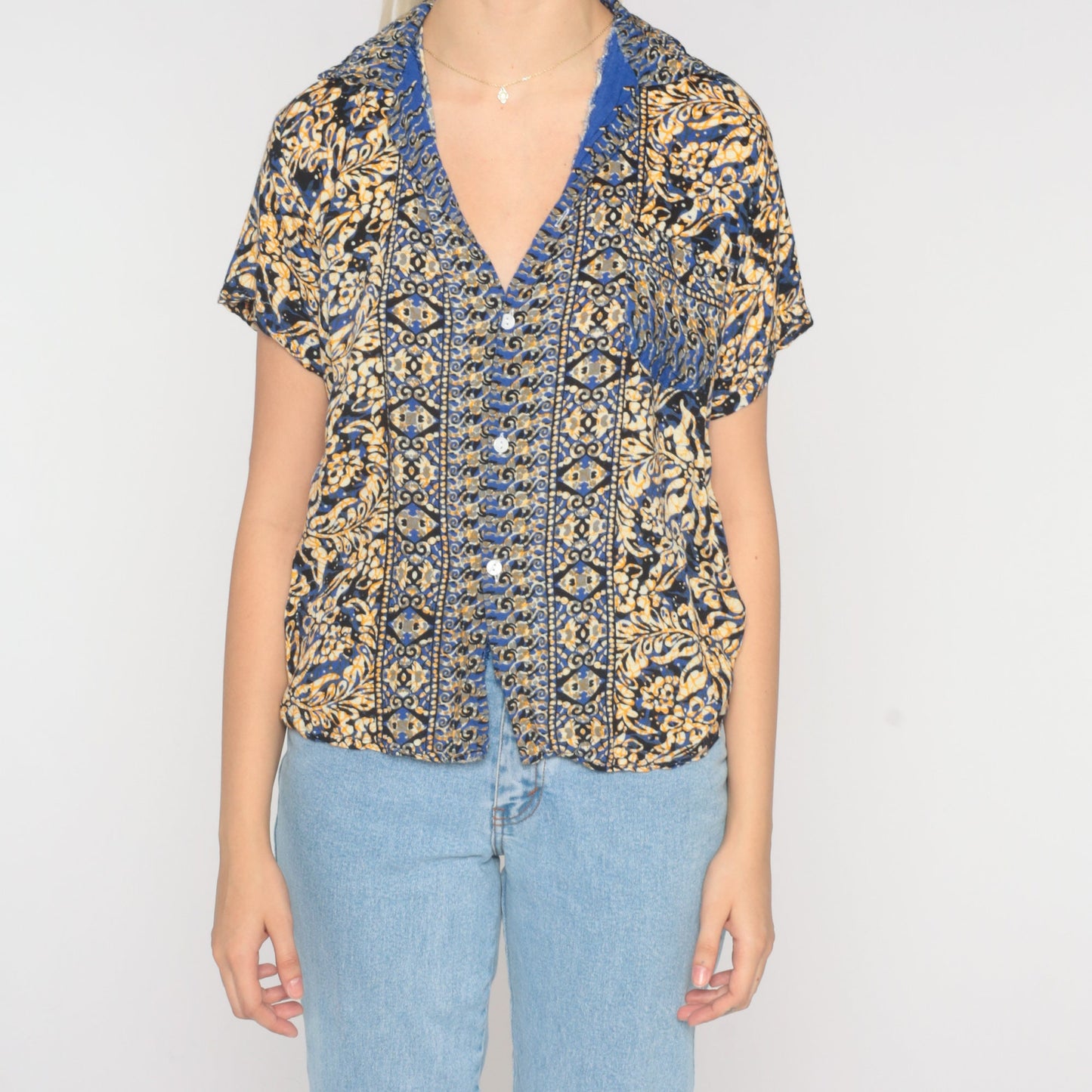 90s Batik Floral Button-Up Blouse Blue Yellow Short Sleeve Small