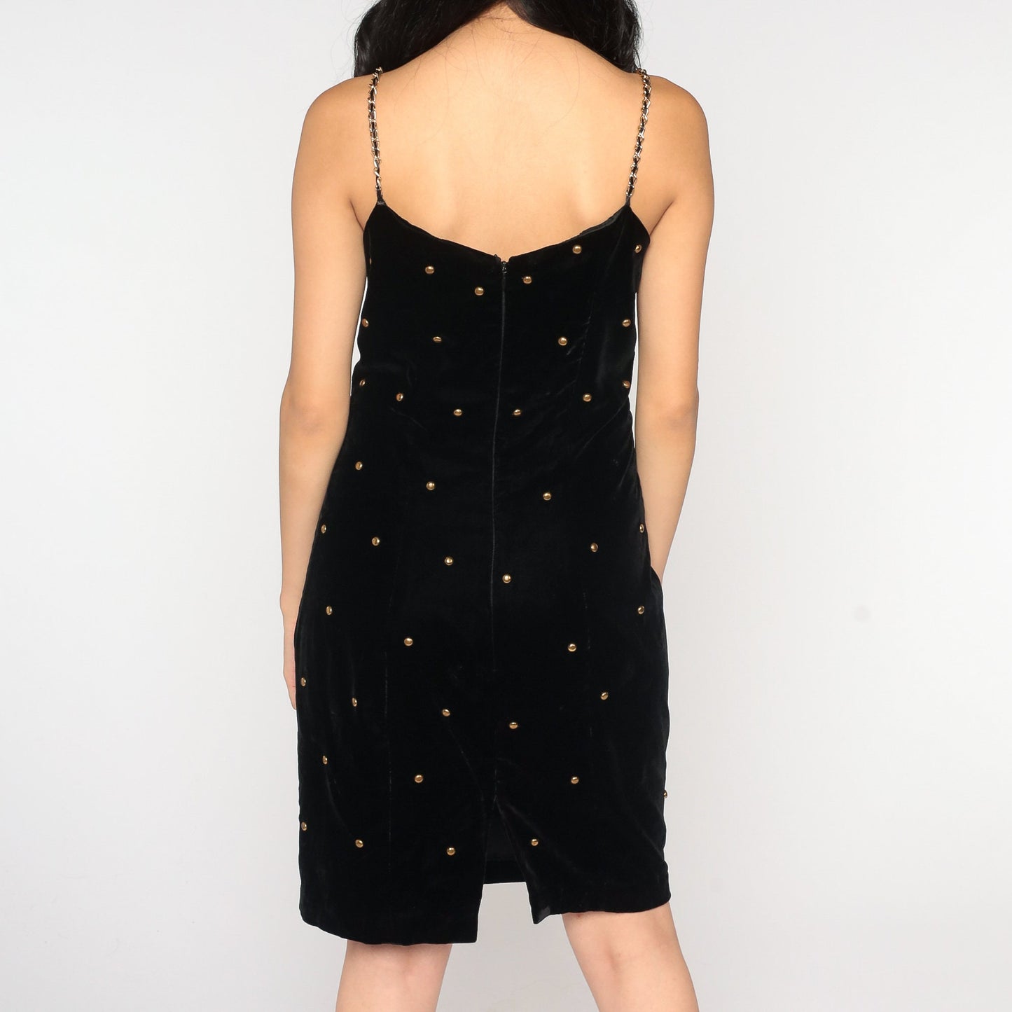 90s Black Velvet Mini Dress Gold Studs Chain Straps Sheath Small