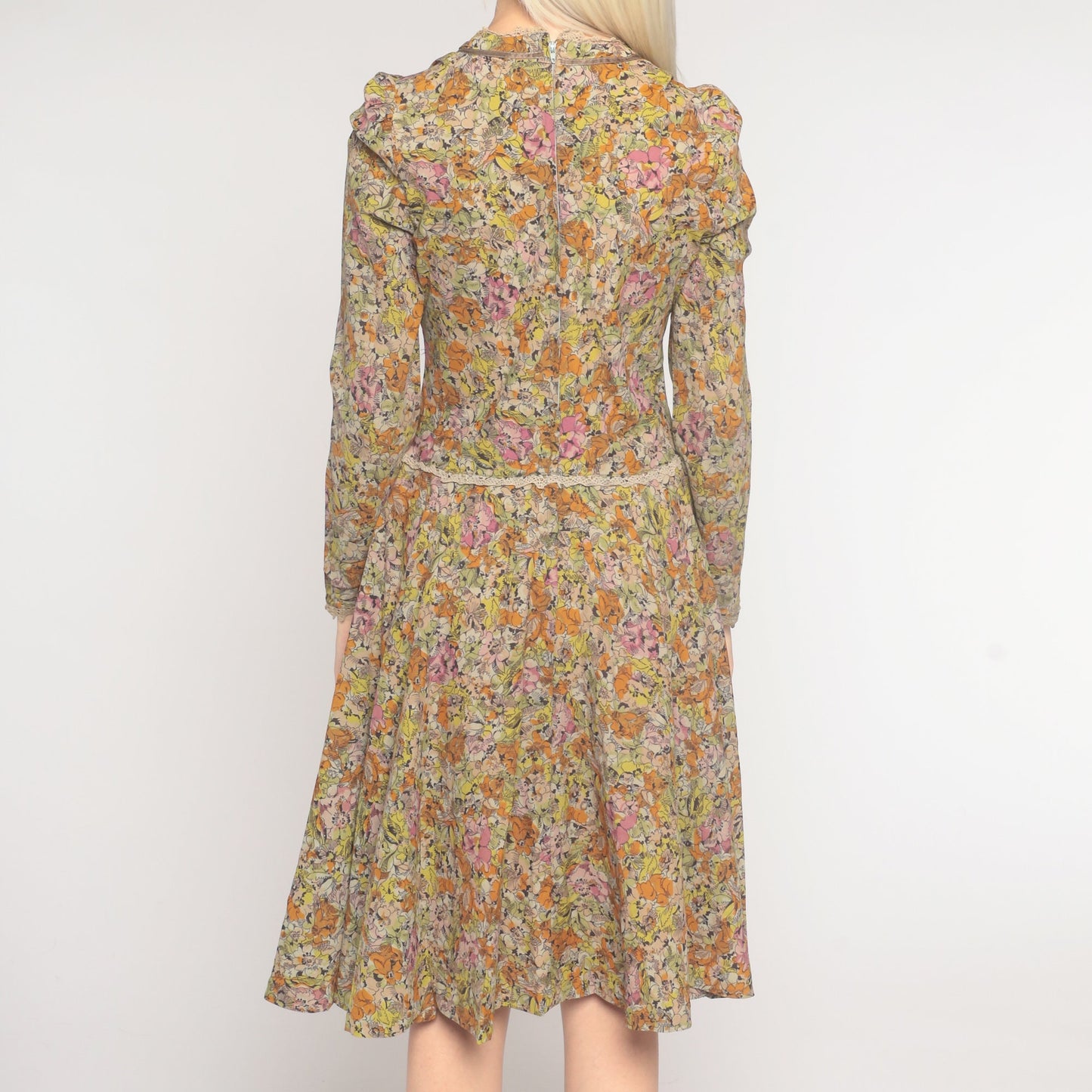 70s Floral Puff Sleeve Dress Knee Length Multicolor Print Medium M