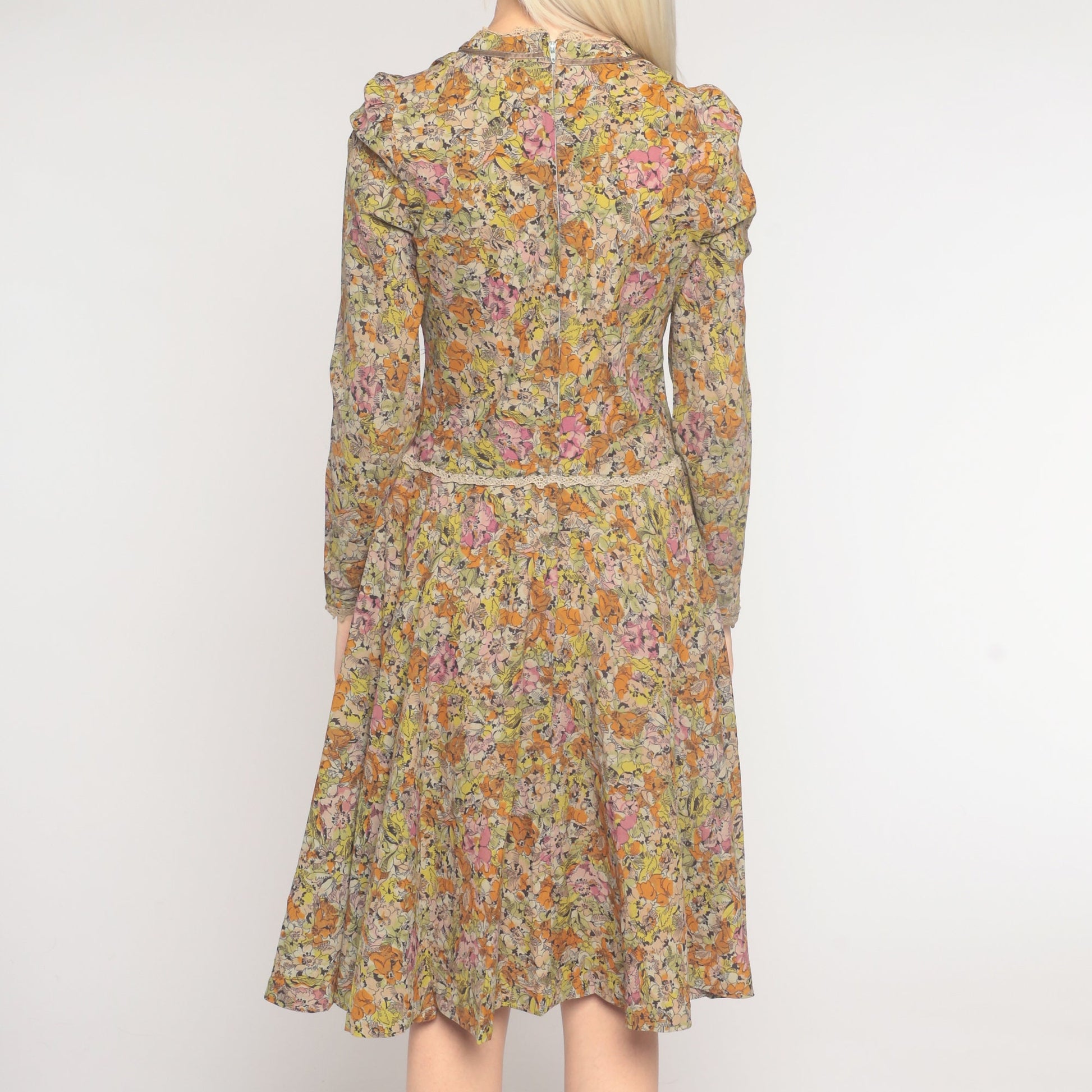 70s Floral Puff Sleeve Dress Knee Length Multicolor Print Medium M