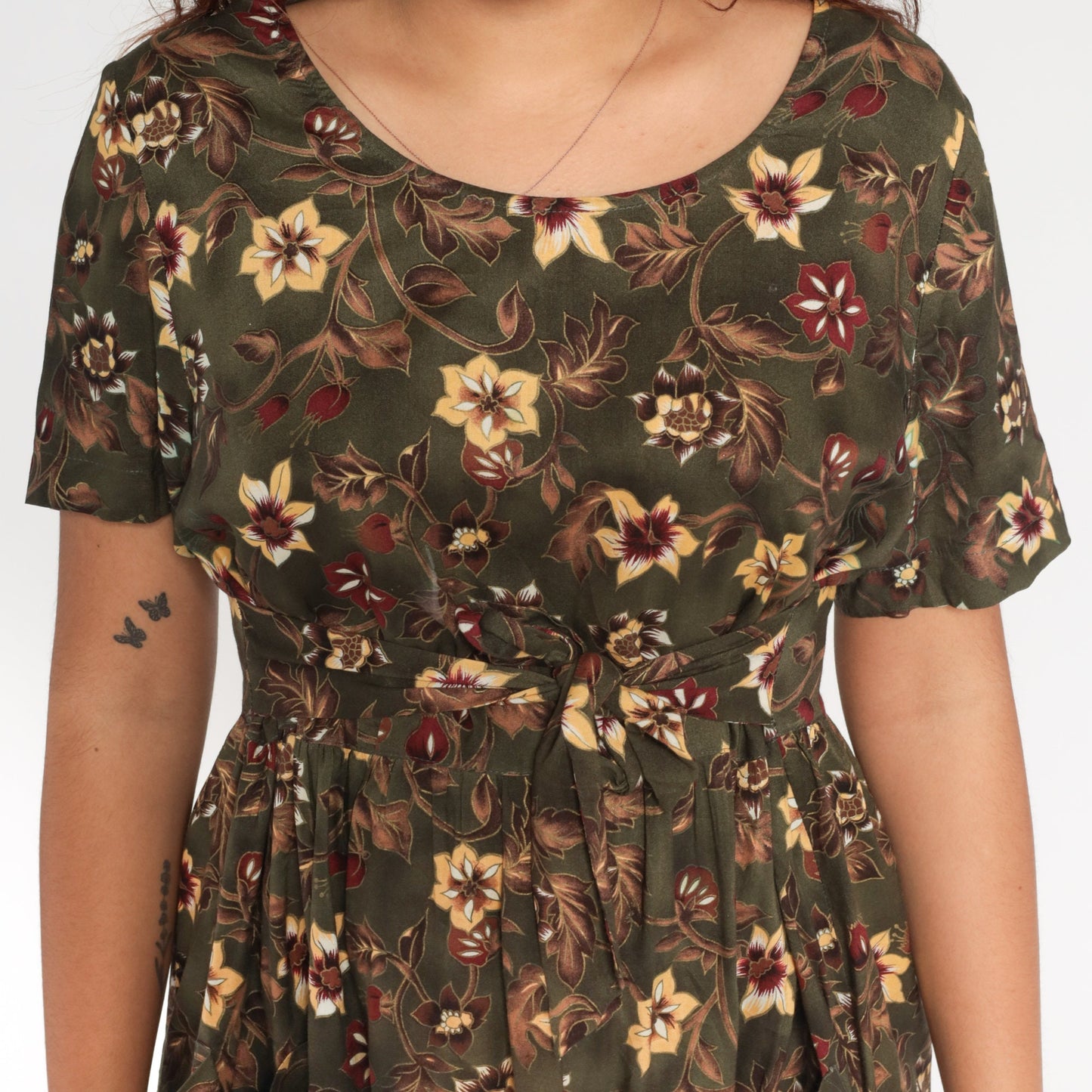90s Dark Green Floral Midi Dress High Waist Tie Belt Rayon Large L
