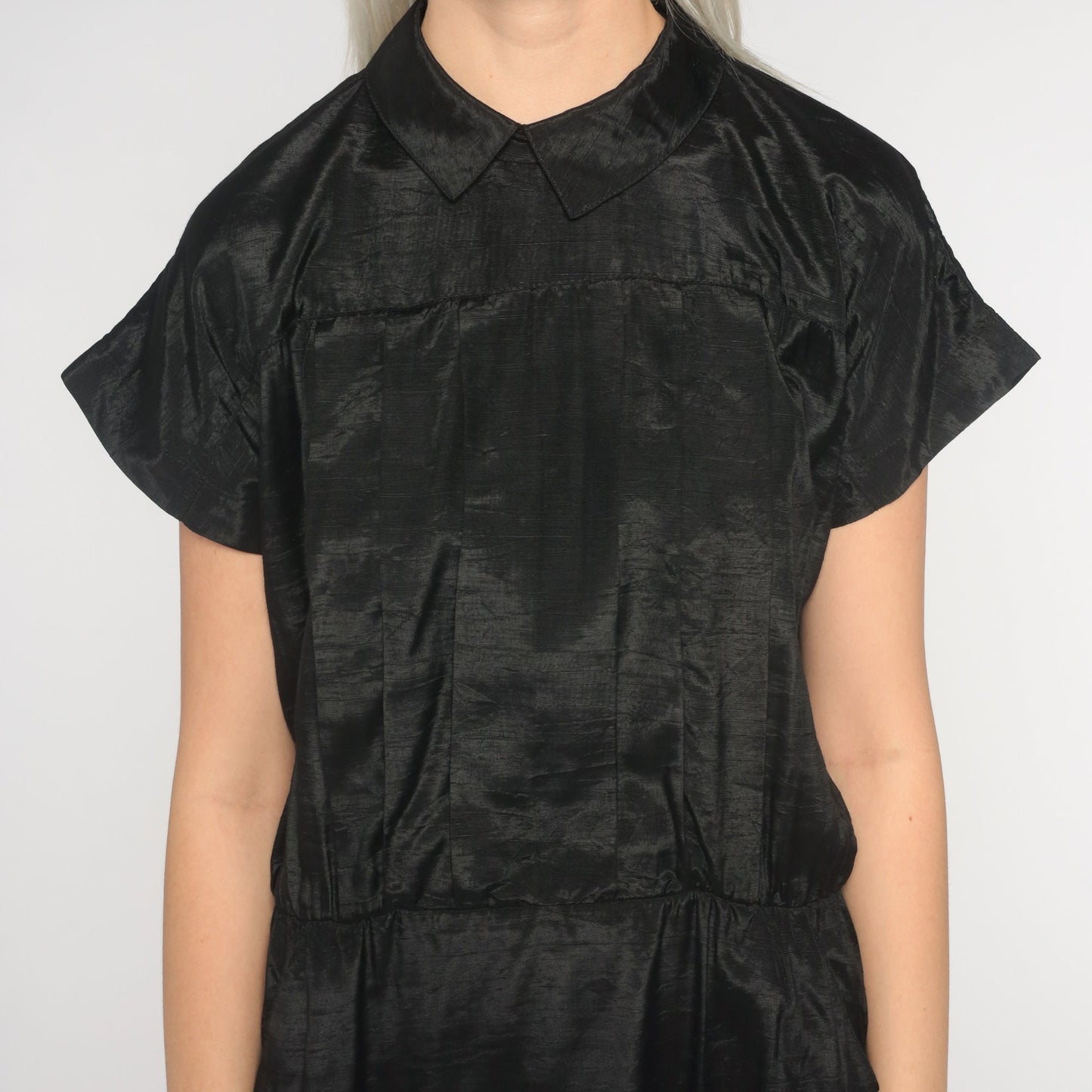90s Black Shiny Shift Dress Collared Mini Pockets Short Sleeve Medium 8