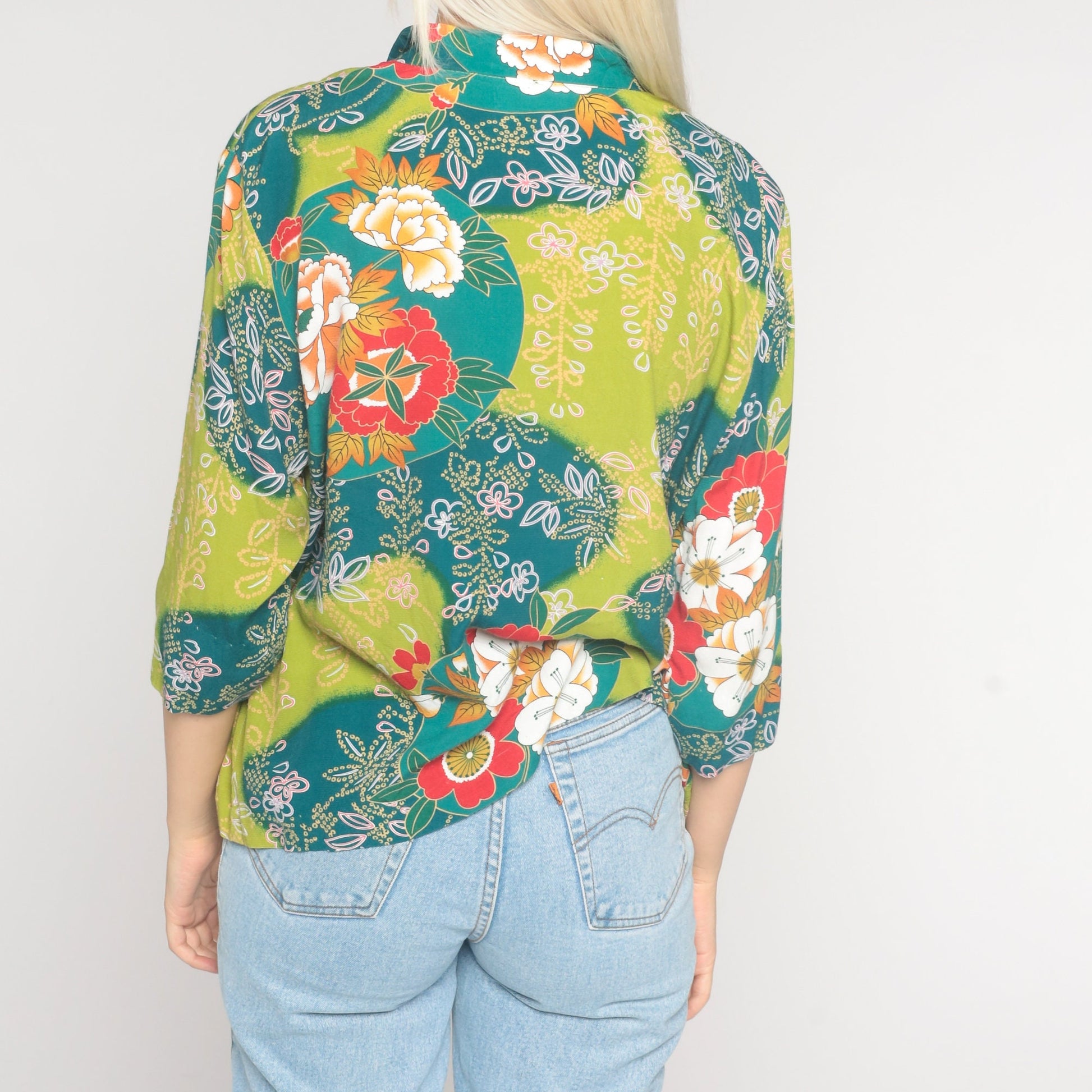 90s Floral Button-Up Blouse Blue Green Rayon 3/4 Sleeve Medium M
