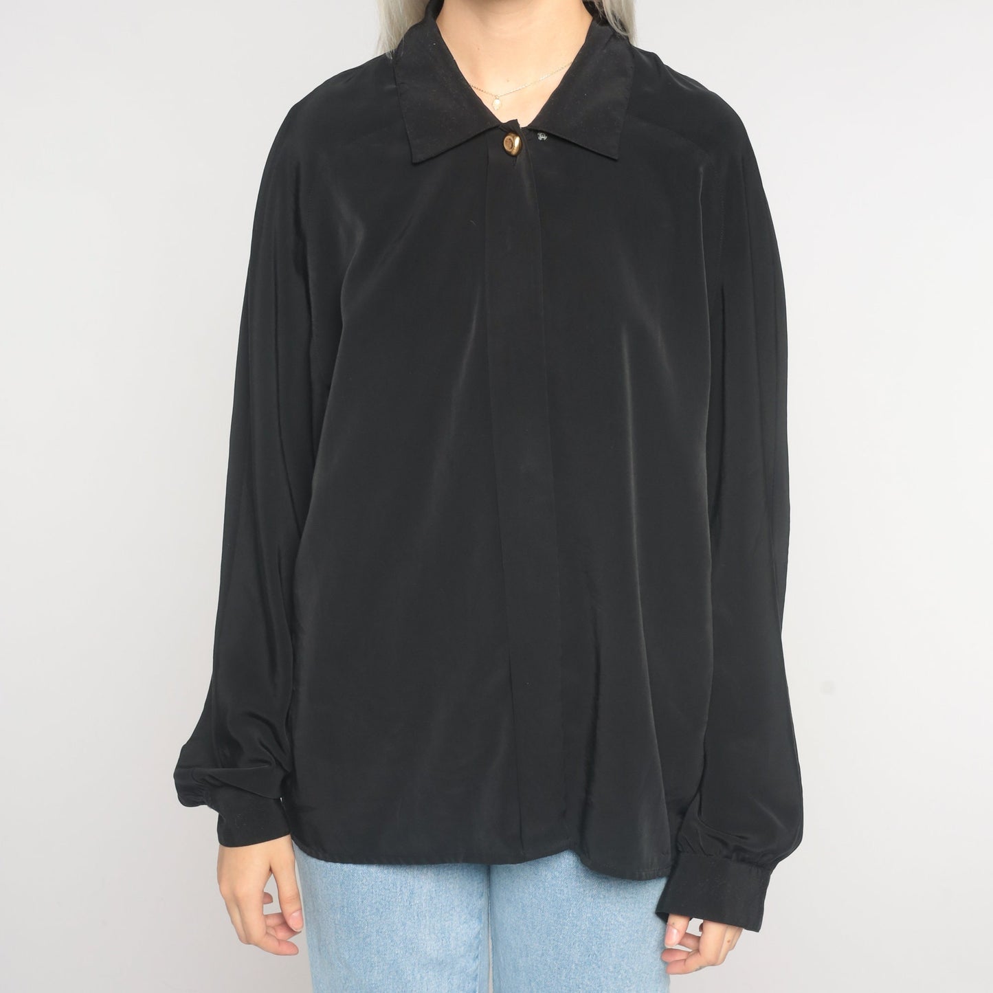 90s Black Button-Up Blouse Long Sleeve Hidden Buttons Large 12