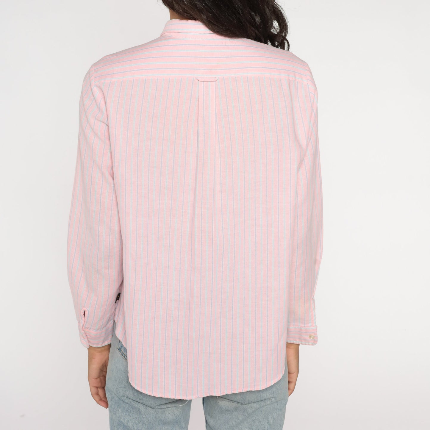 90s Sasson Striped Button-Up Blouse Pink Blue Long Sleeve Extra Large