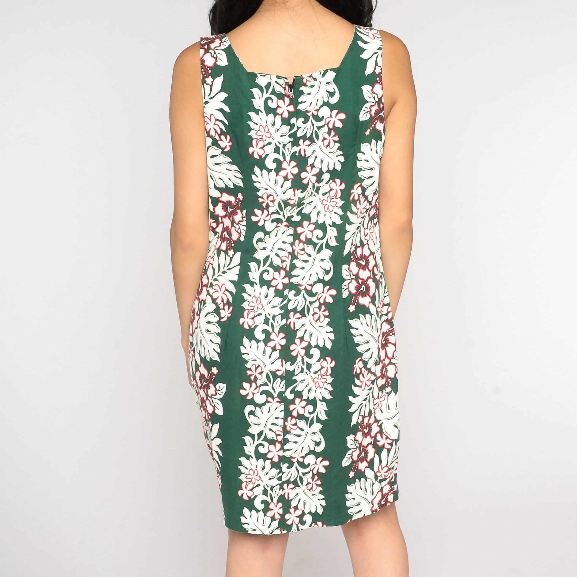90s Hawaiian Floral Mini Dress Green White Cotton Sleeveless Sheath Medium