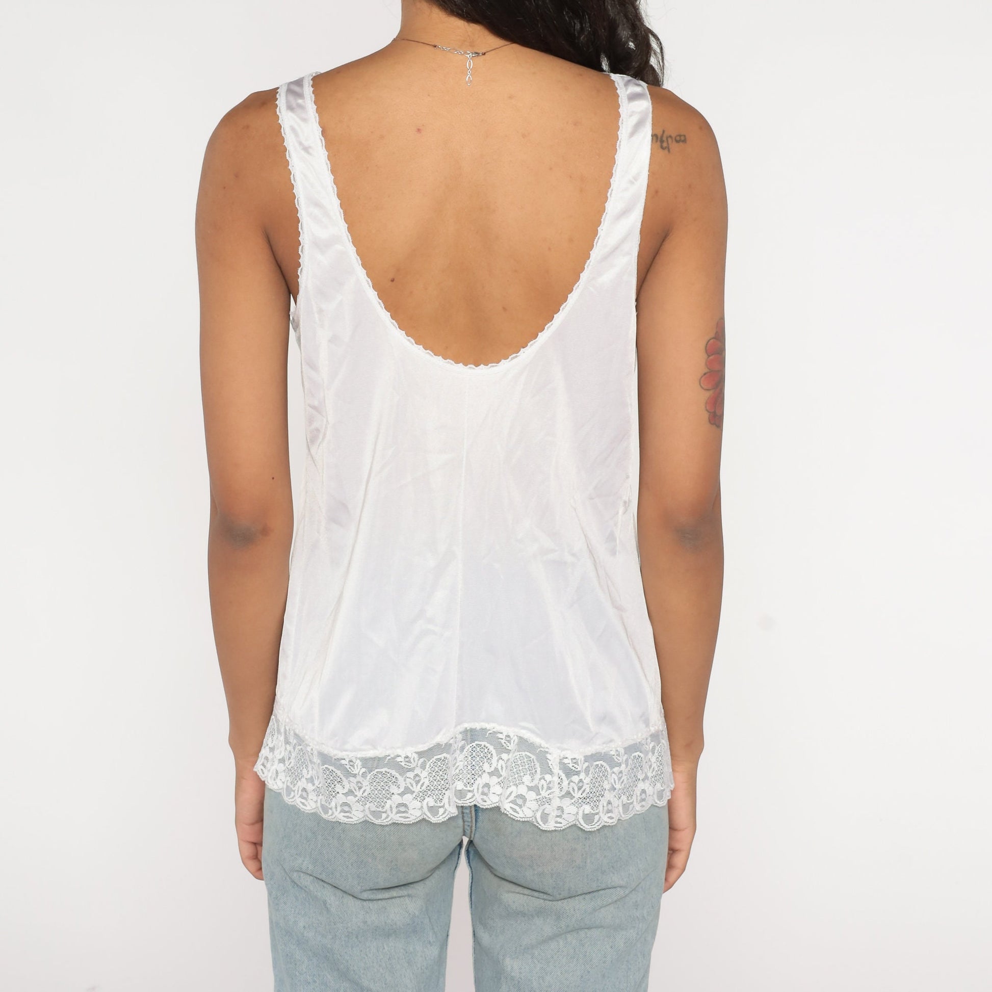 80s White Lace Camisole V-Neck Tank Top Lingerie Large L