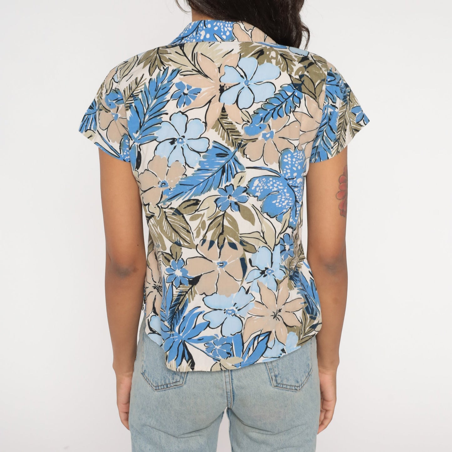 Y2K Floral Button-Up Blouse Blue Tan Flower Print Collar Short Sleeve Petite Small