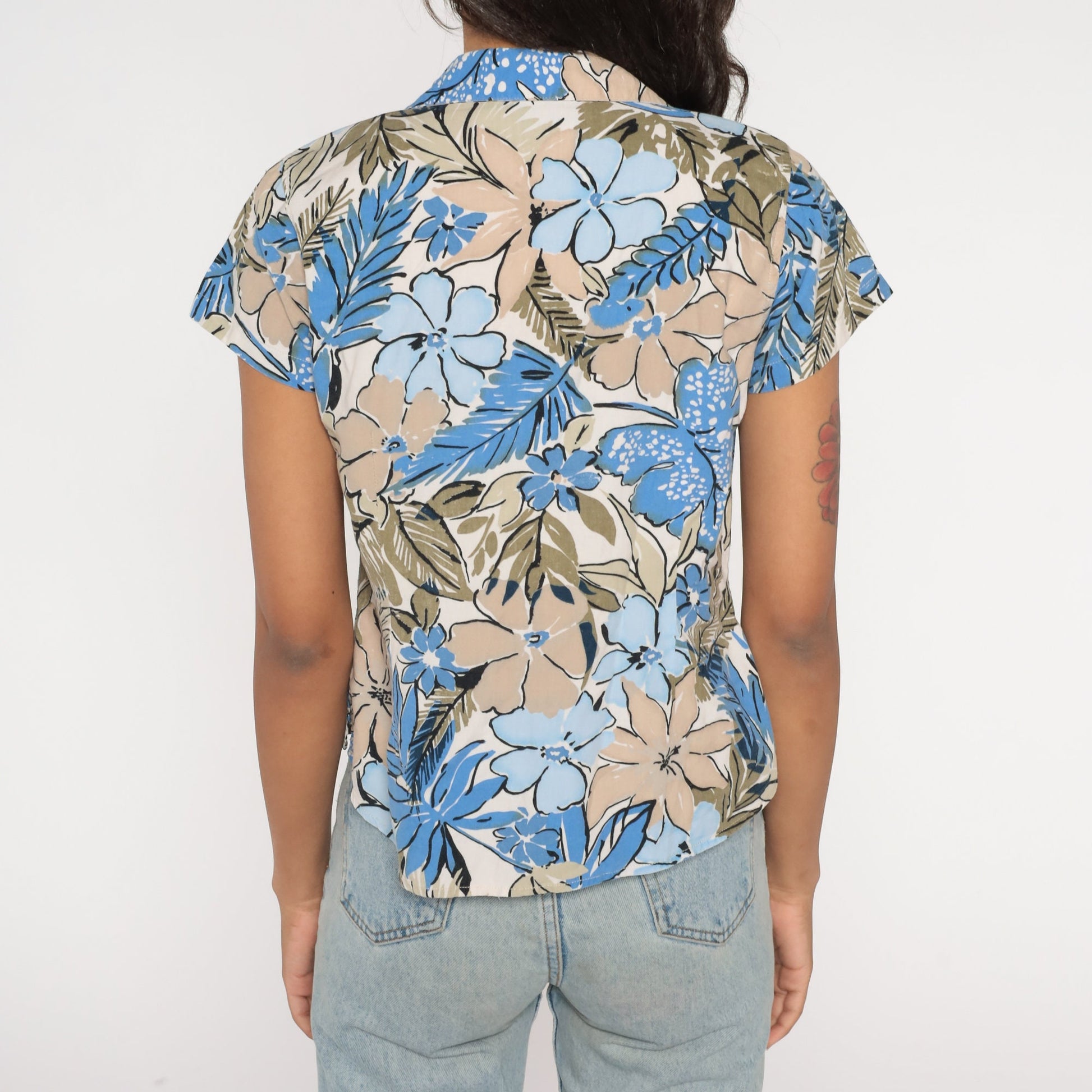 Y2K Floral Button-Up Blouse Blue Tan Flower Print Collar Short Sleeve Petite Small