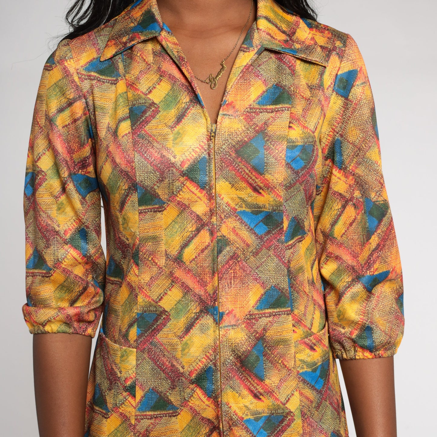 70s Geometric Abstract Print Shift Dress Collared Zip Front Knee Length Yellow Small