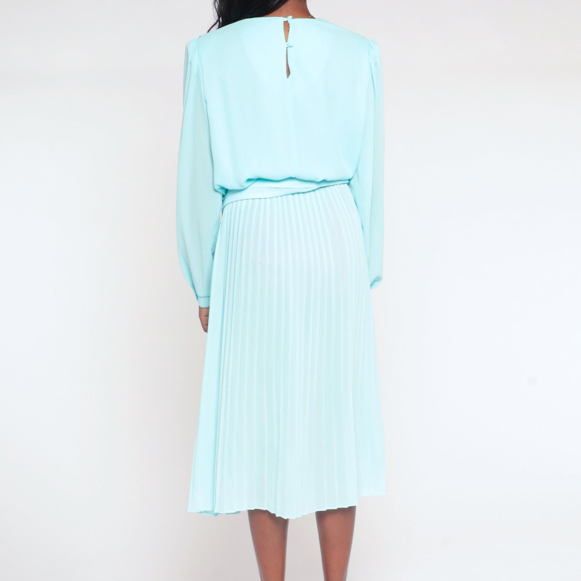 80s Blue Pleated Midi Dress Long Sleeve Keyhole Back Semi Sheer Medium Large