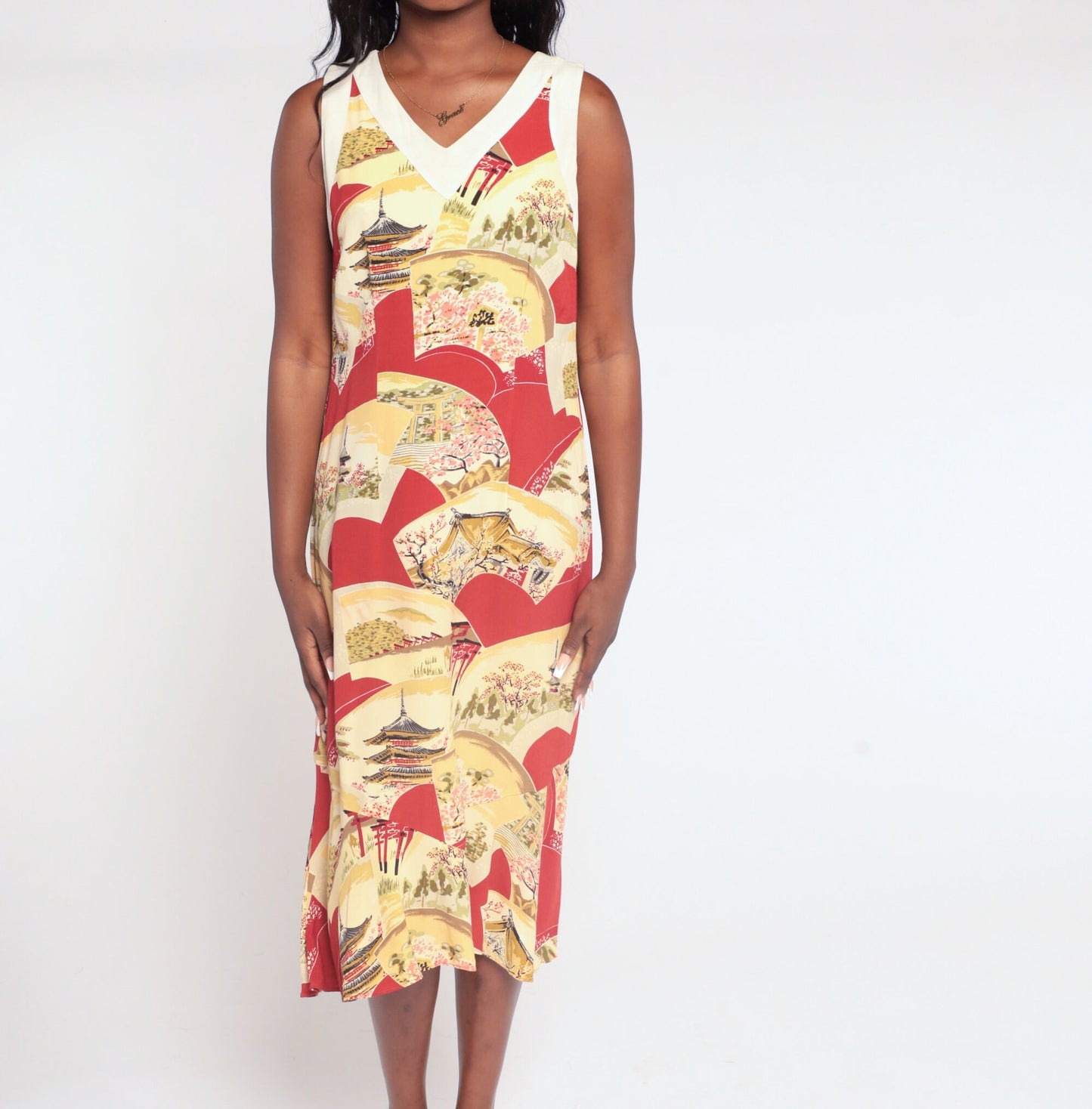 90s Red Midi Dress Asian Pagoda Print Sleeveless V-Neck Small S