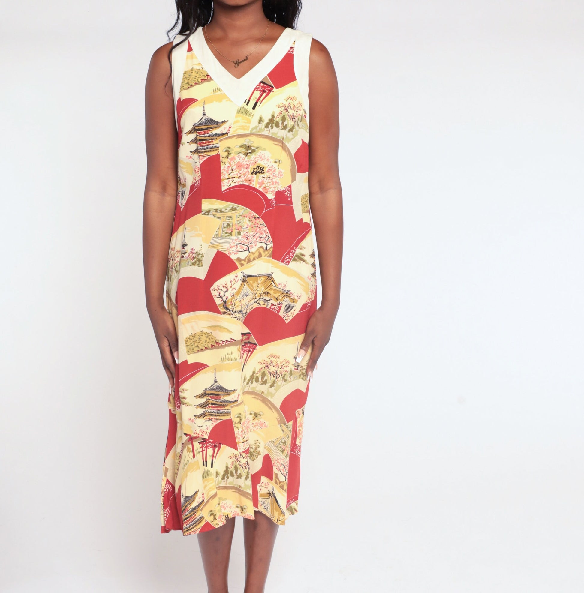 90s Red Midi Dress Asian Pagoda Print Sleeveless V-Neck Small S