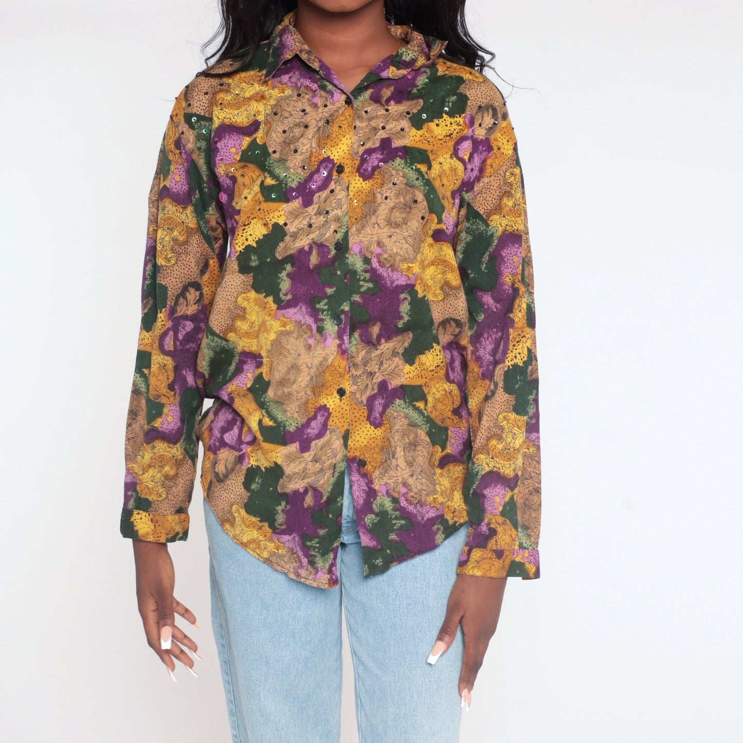 90s Floral Sequin Button Up Blouse Abstract Print Collared Long Sleeve Small