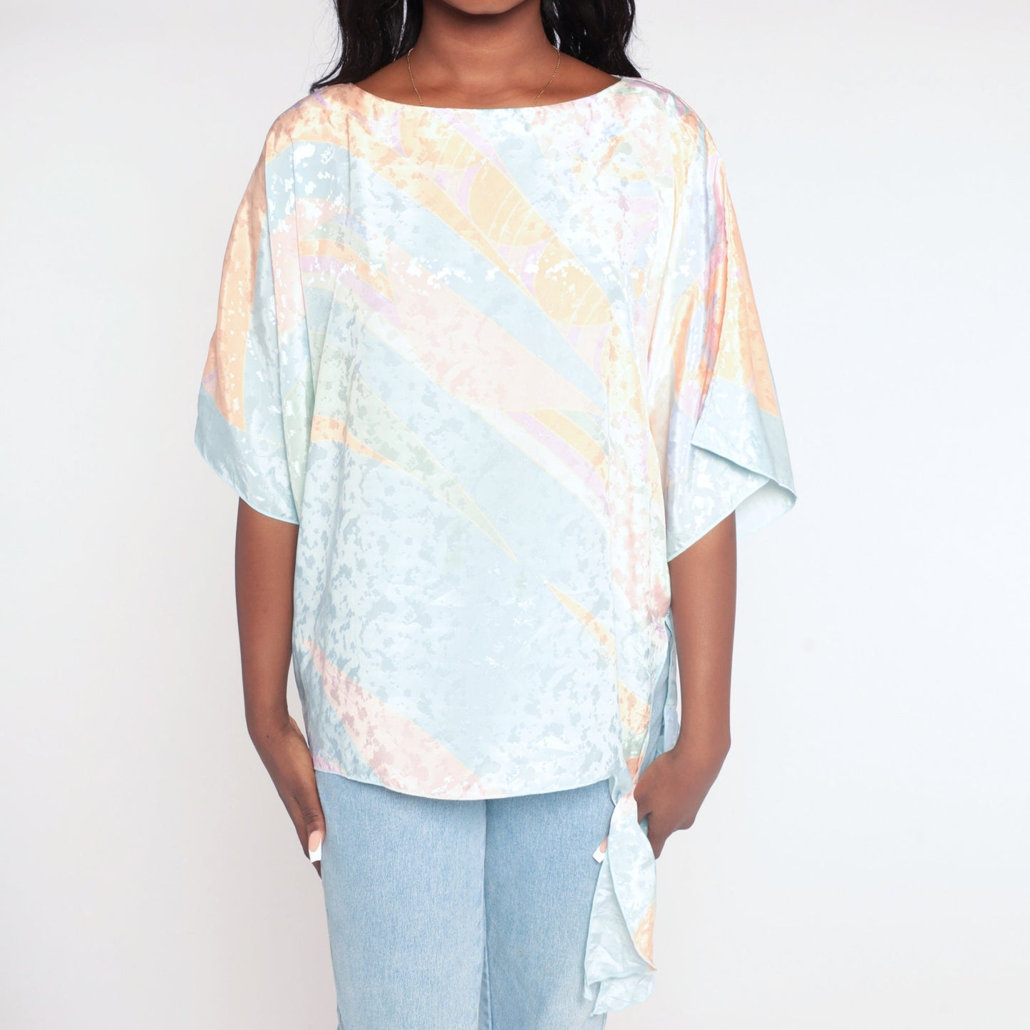 80s Pastel Striped Blouse Blue Orange Embossed Wide Sleeve Side Tie Medium