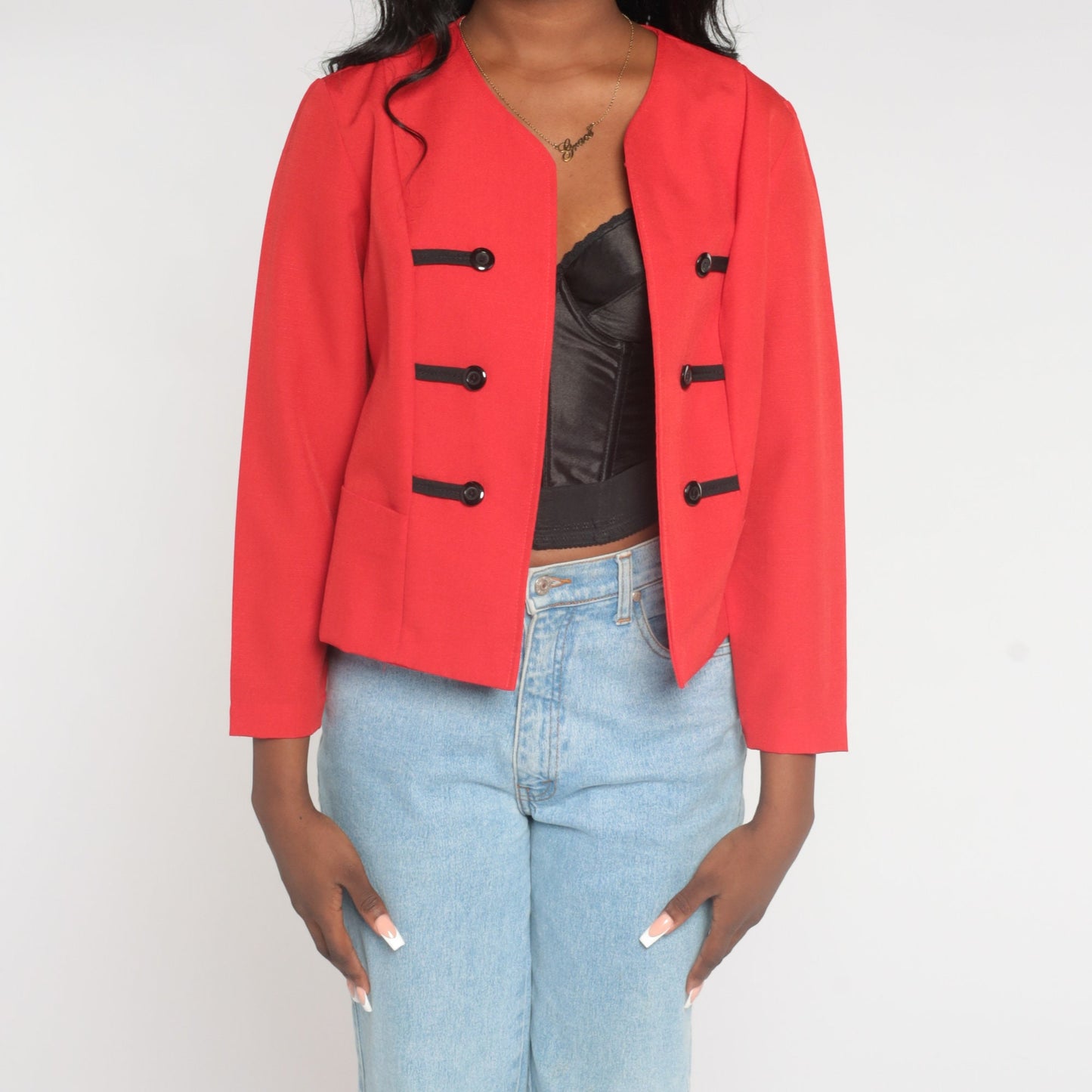 80s Red Cropped Blazer Black Button Open Front Jacket Small