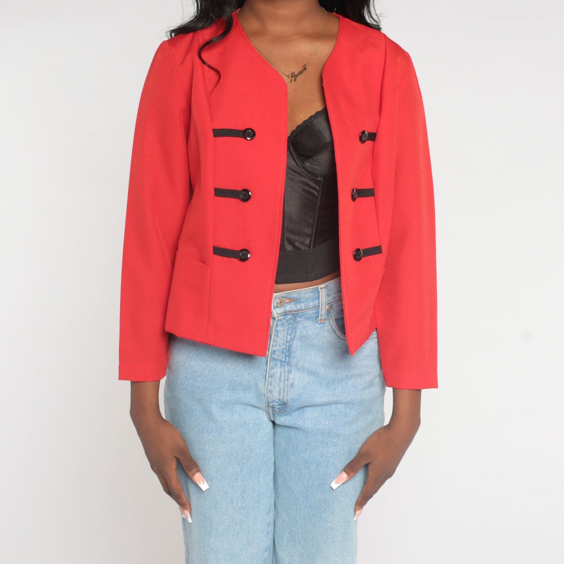 80s Red Cropped Blazer Black Button Open Front Jacket Small