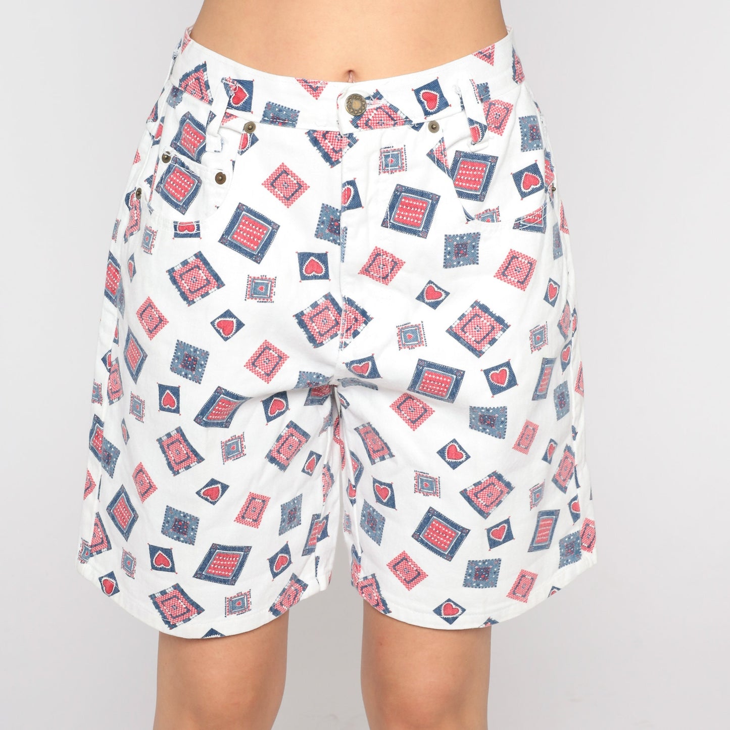 90s Patchwork Heart Shorts White Cotton High Waisted Wide Leg Medium
