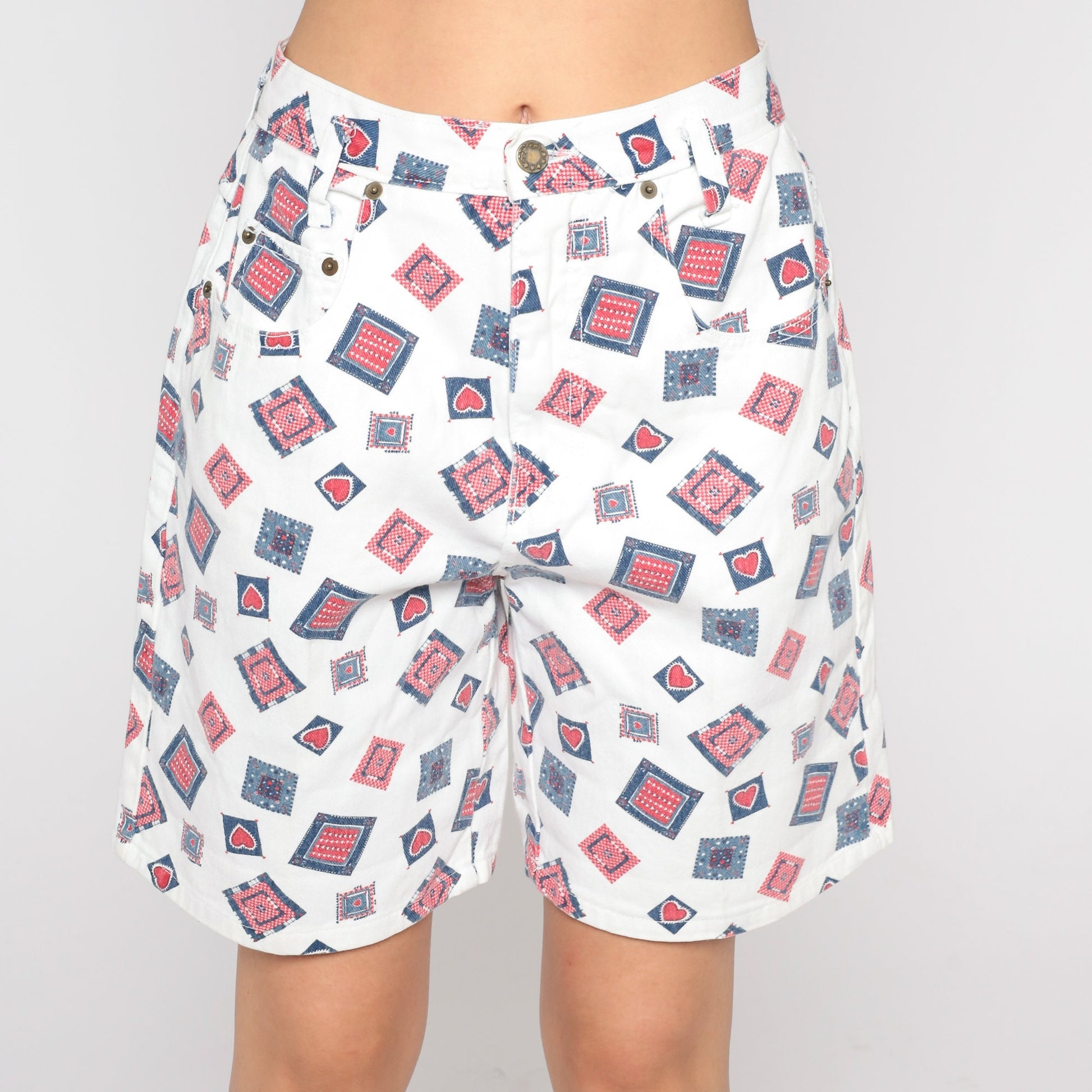 90s Patchwork Heart Shorts White Cotton High Waisted Wide Leg Medium