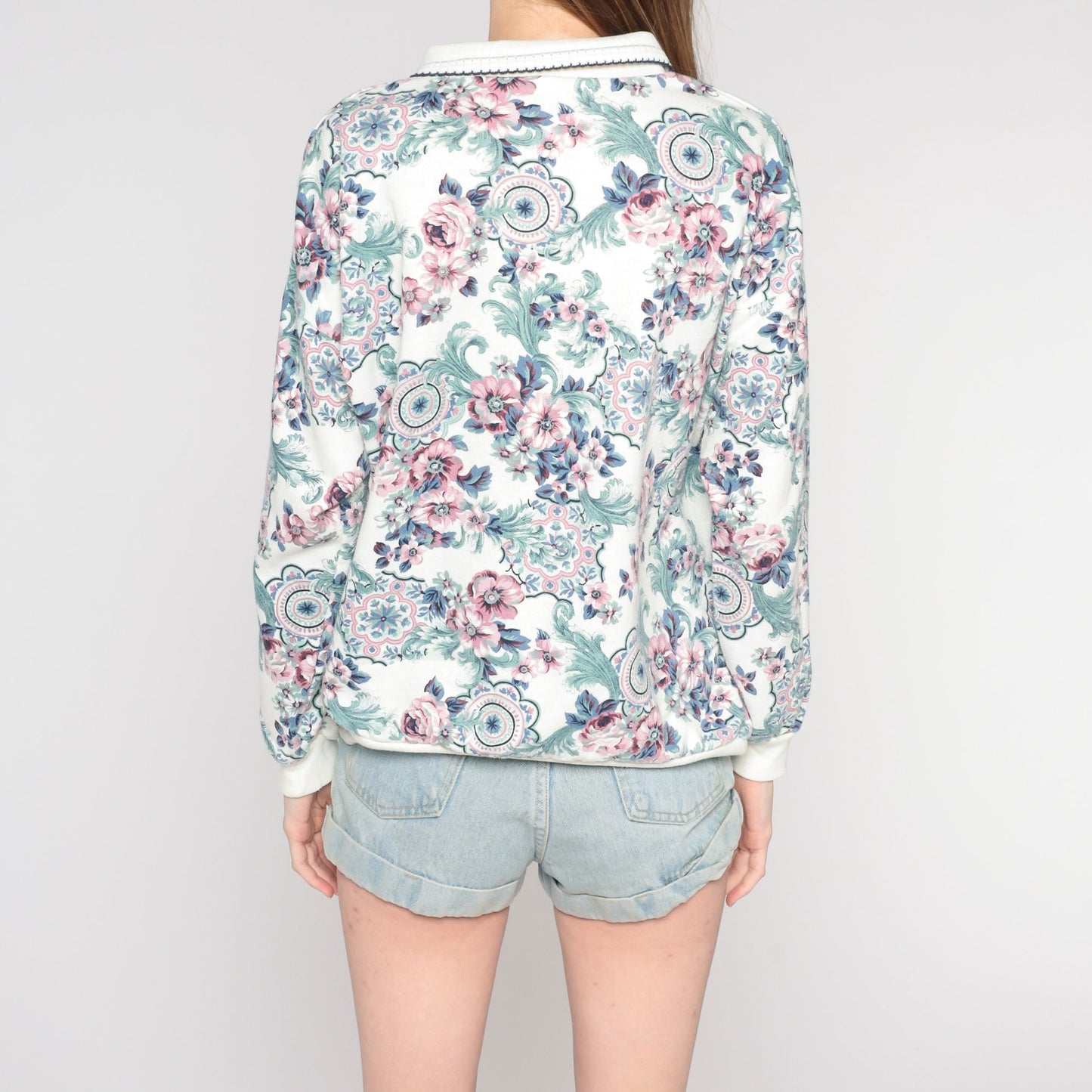 80s Floral Collared Sweatshirt All Over Print White Pink Green Extra Extra Large XXL