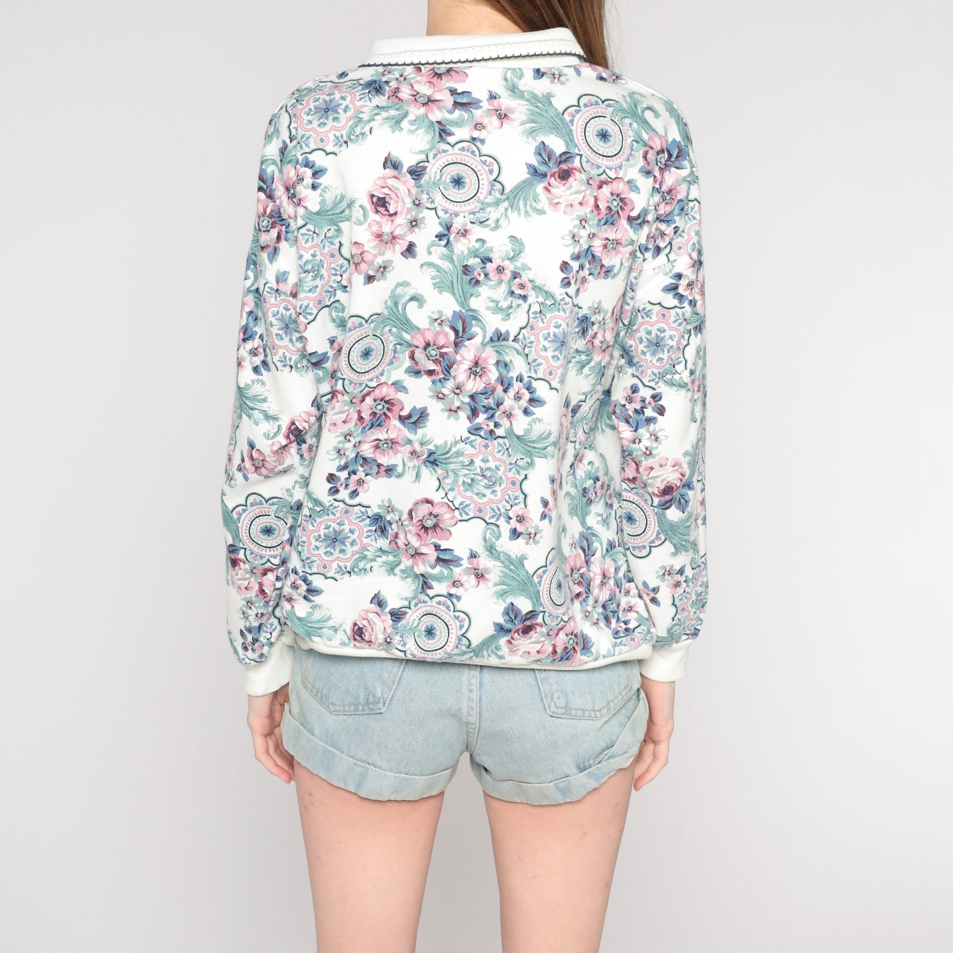 80s Floral Collared Sweatshirt All Over Print White Pink Green Extra Extra Large XXL