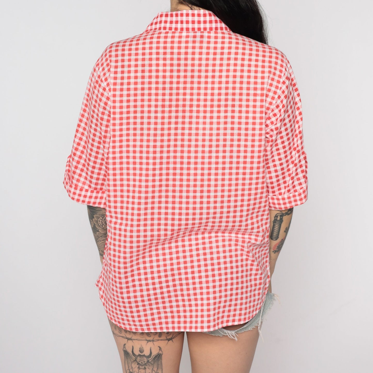 70s Red Gingham Tunic Blouse Short Sleeve Checkered Shirt Medium