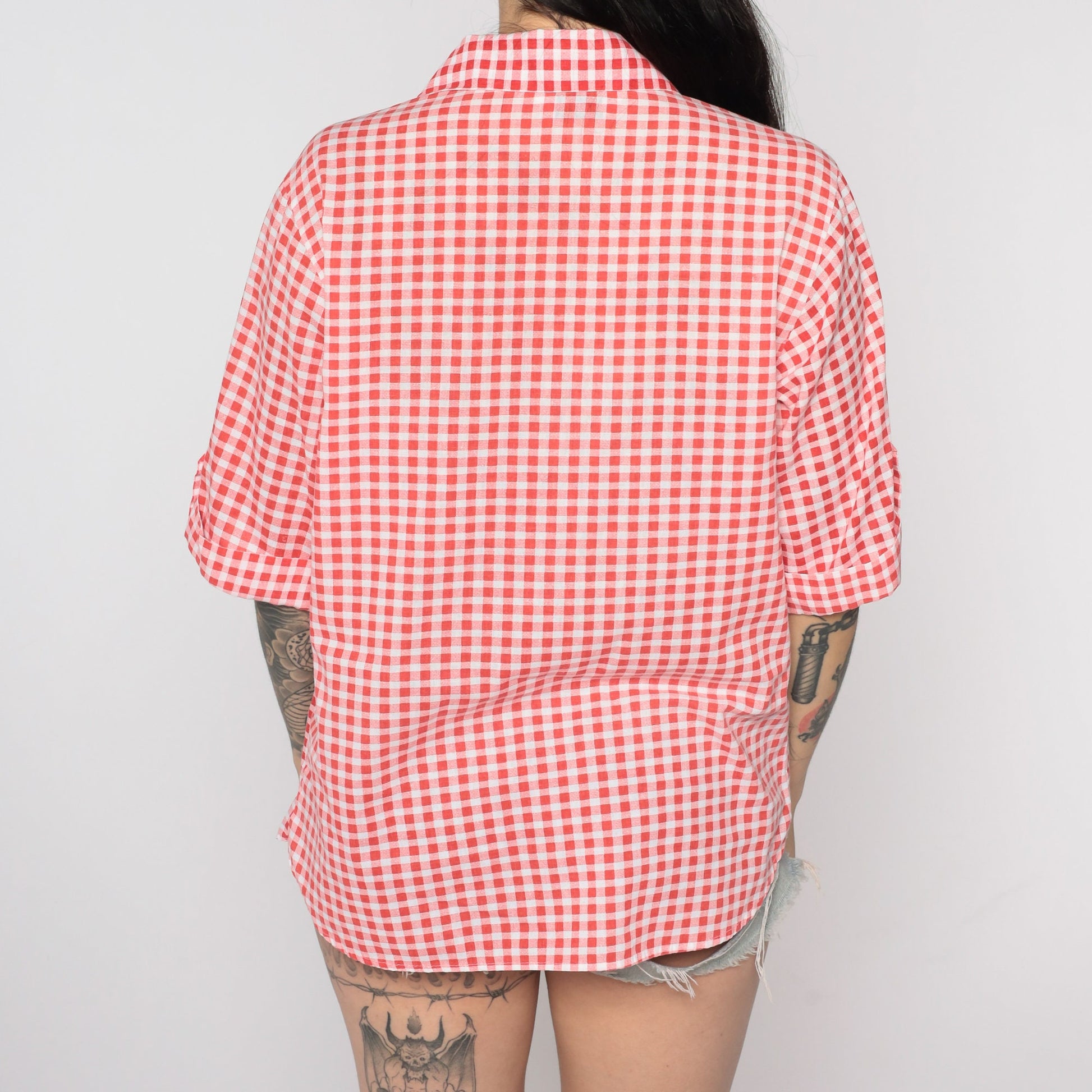 70s Red Gingham Tunic Blouse Short Sleeve Checkered Shirt Medium