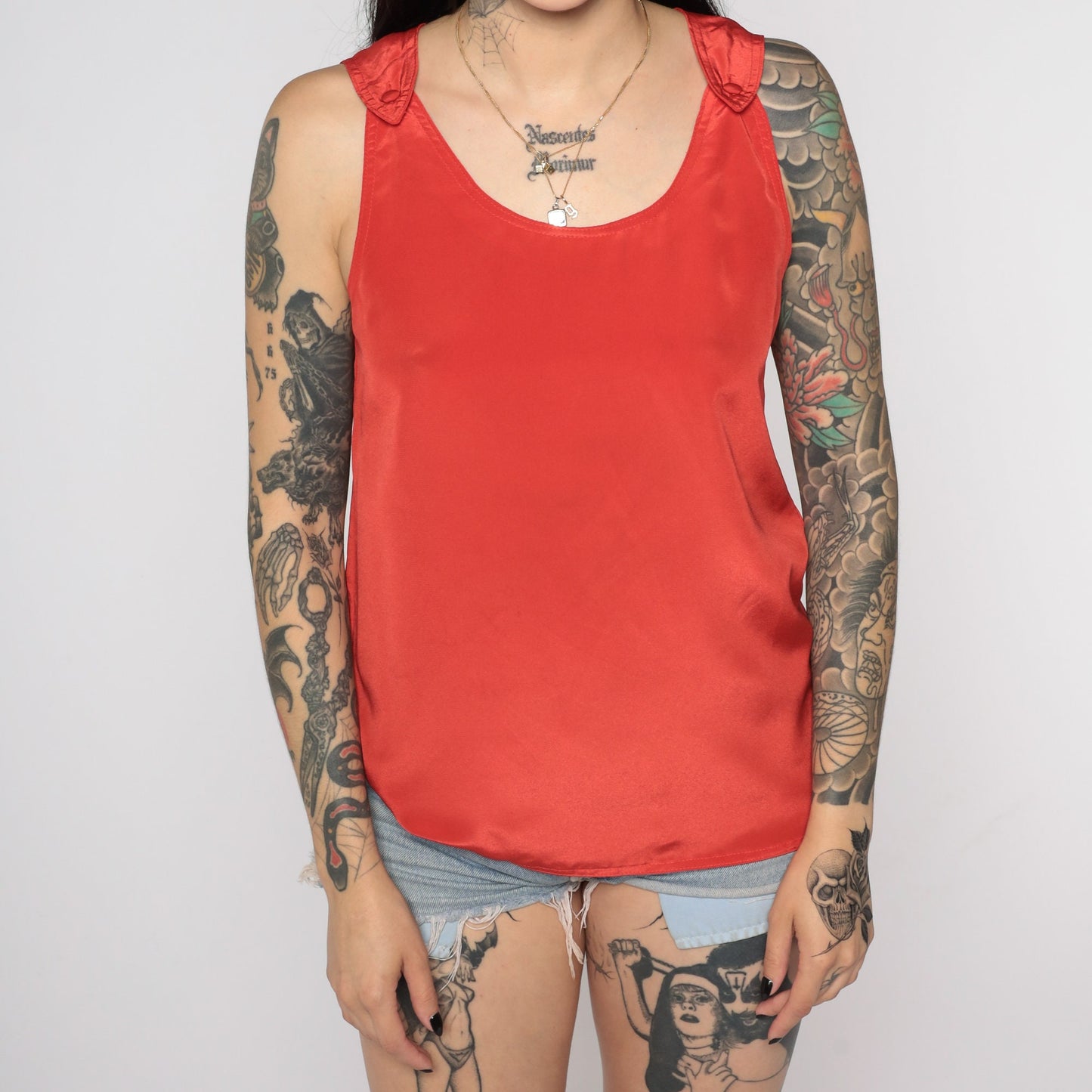 80s Red Tank Top Scoop Neck Button Strap Sleeveless Shirt Small