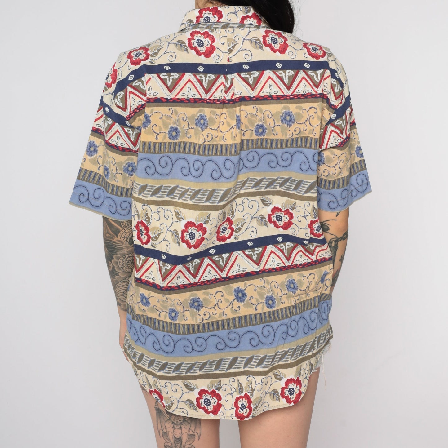 90s Floral Geometric Print Button-Up Blouse Blue Beige Short Sleeve Medium