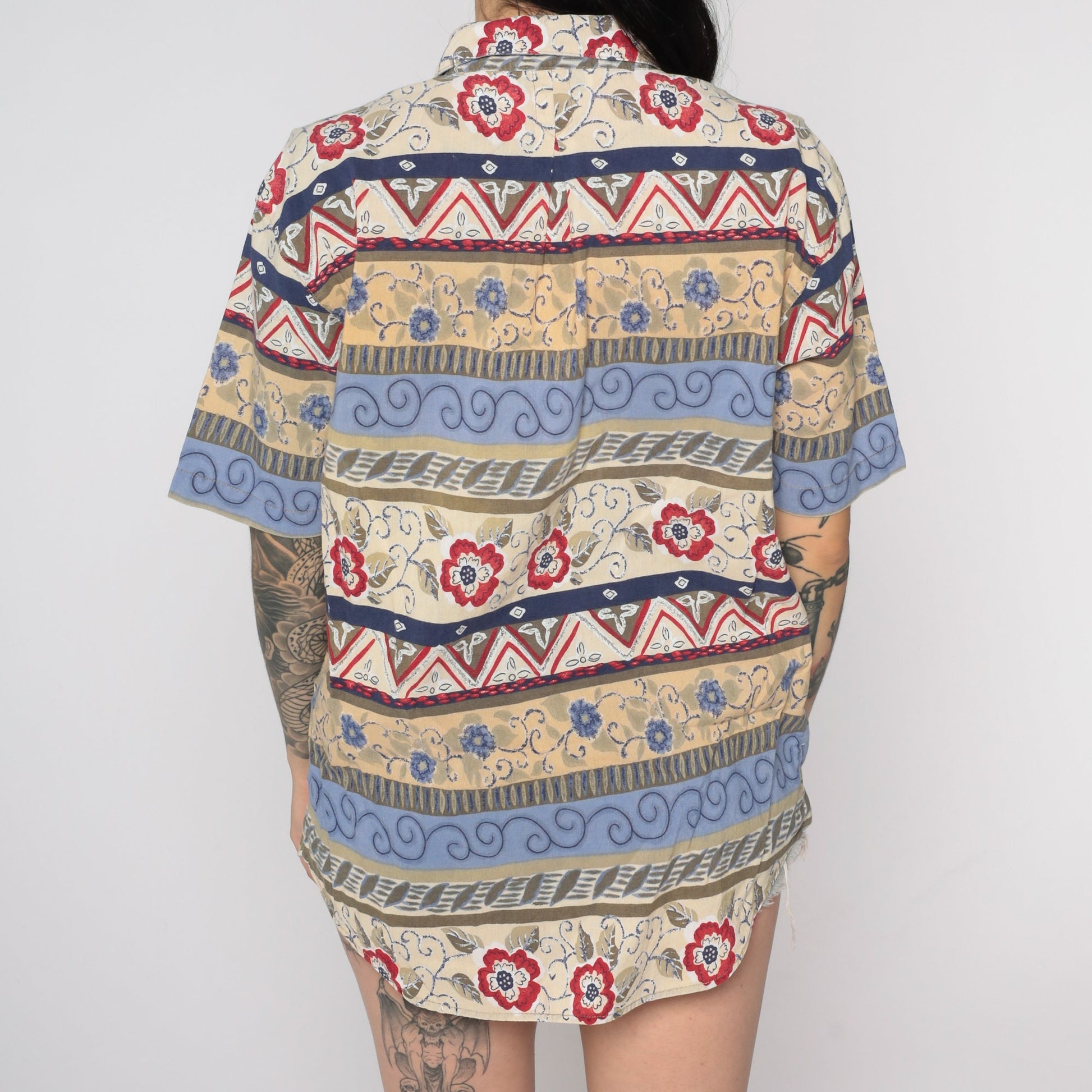 90s Floral Geometric Print Button-Up Blouse Blue Beige Short Sleeve Medium