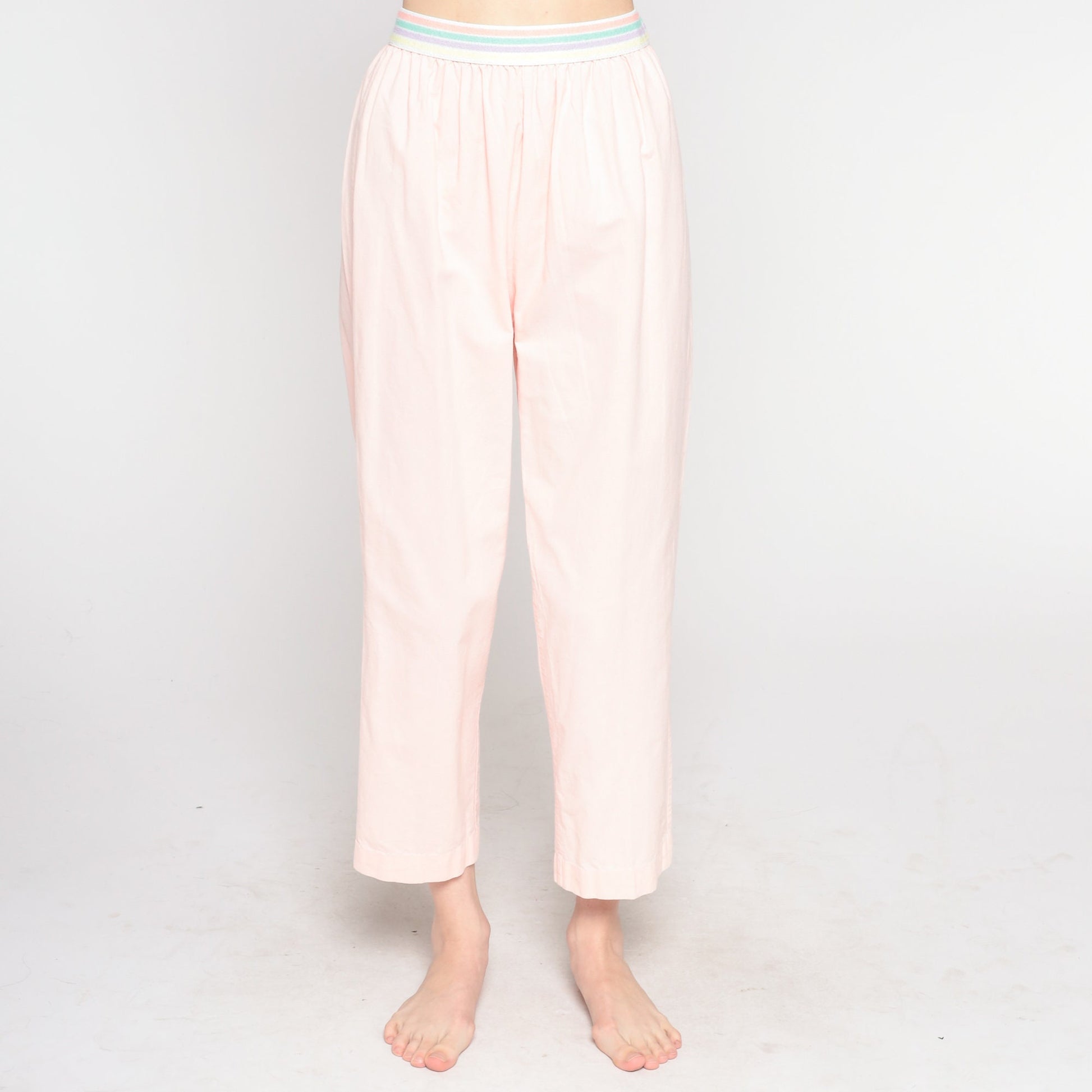 80s Baby Pink Striped Elastic Waist Tapered Trousers Small