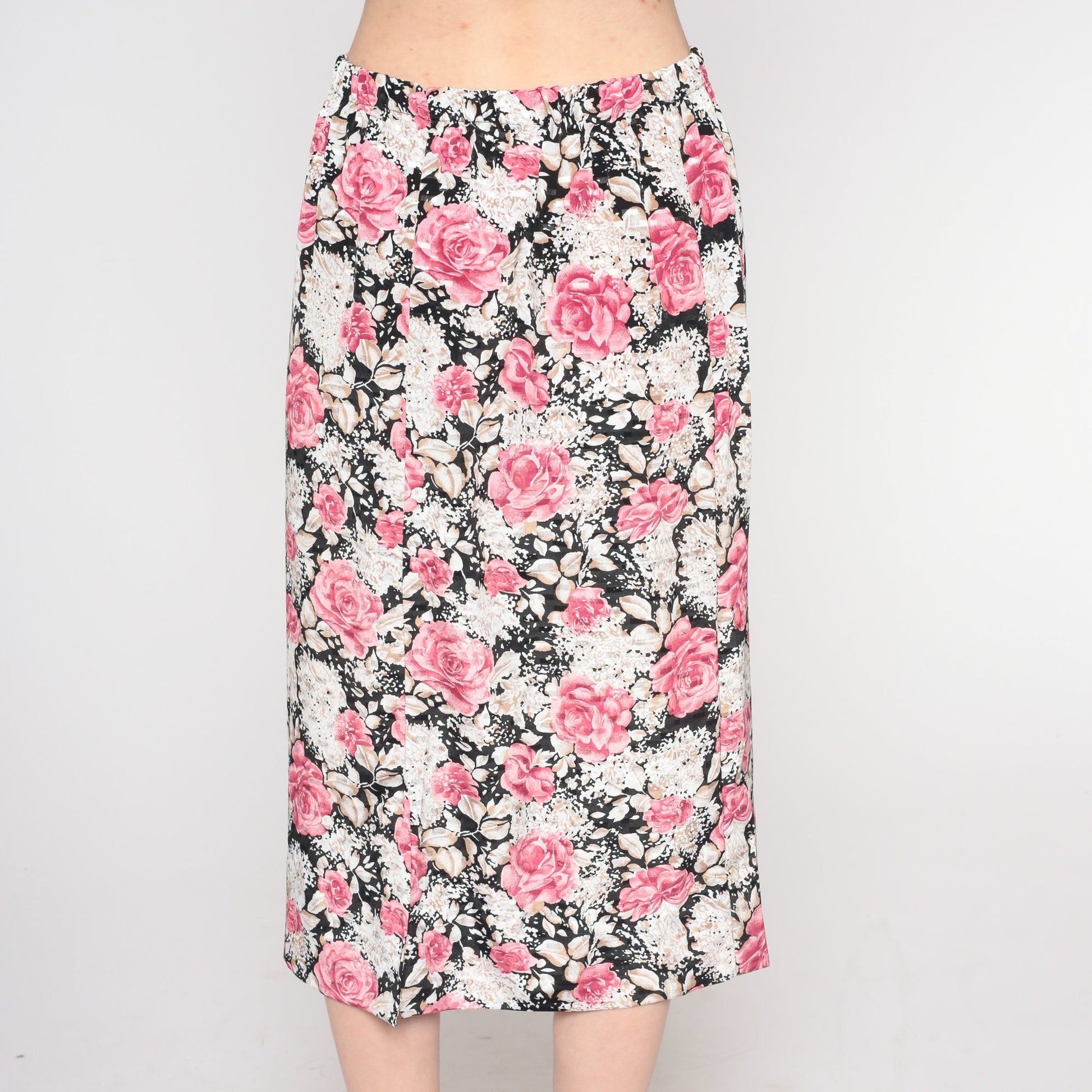90s Floral Midi Skirt Pink Black High Waist Rayon Small Medium