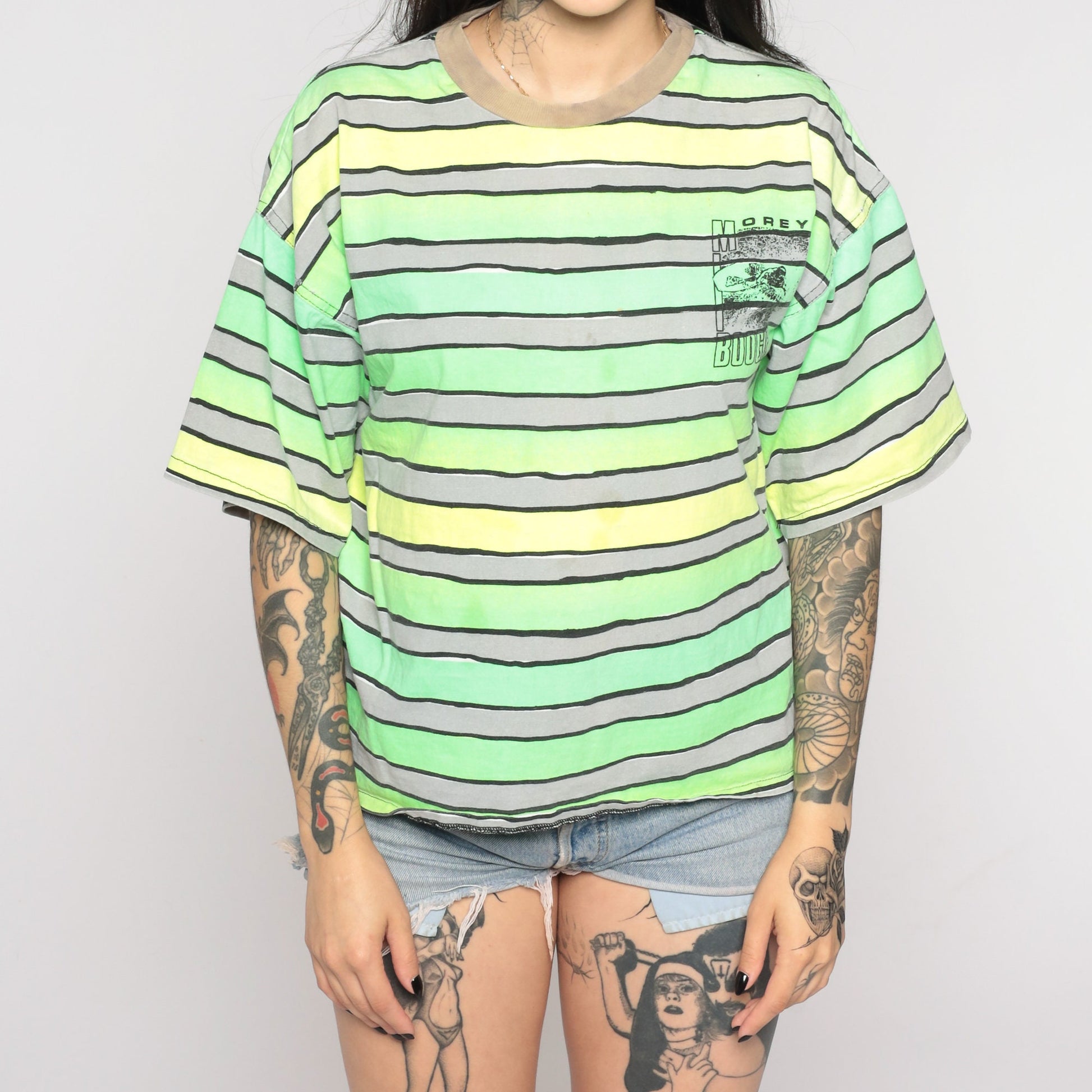 90s Morey Boogie Neon Surfer Graphic T-Shirt Green Striped Small