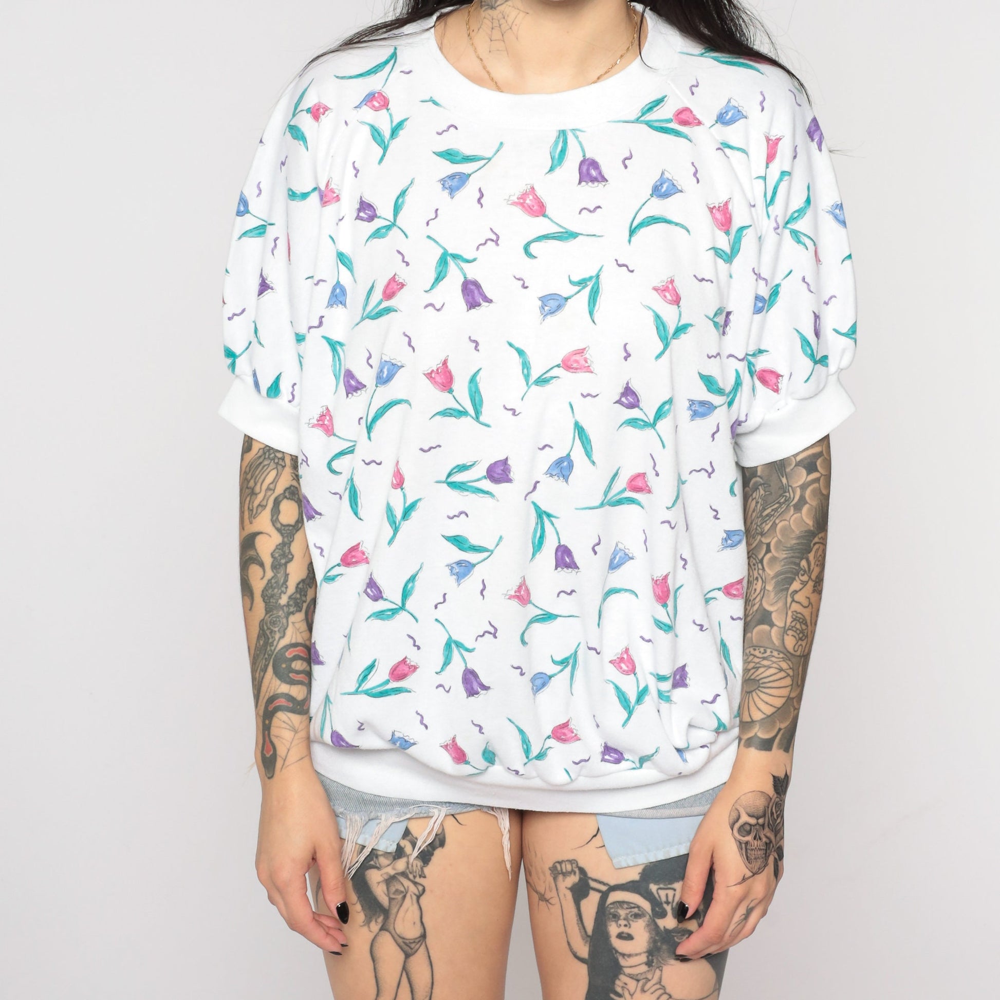 80s White Floral Print Top Banded Hem Short Sleeve Plus Size XXL