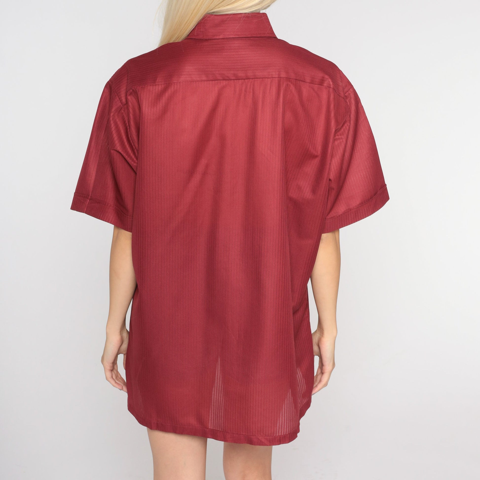 70s Red Button-Up Shirt Short Sleeve Collared Disco Top Large L