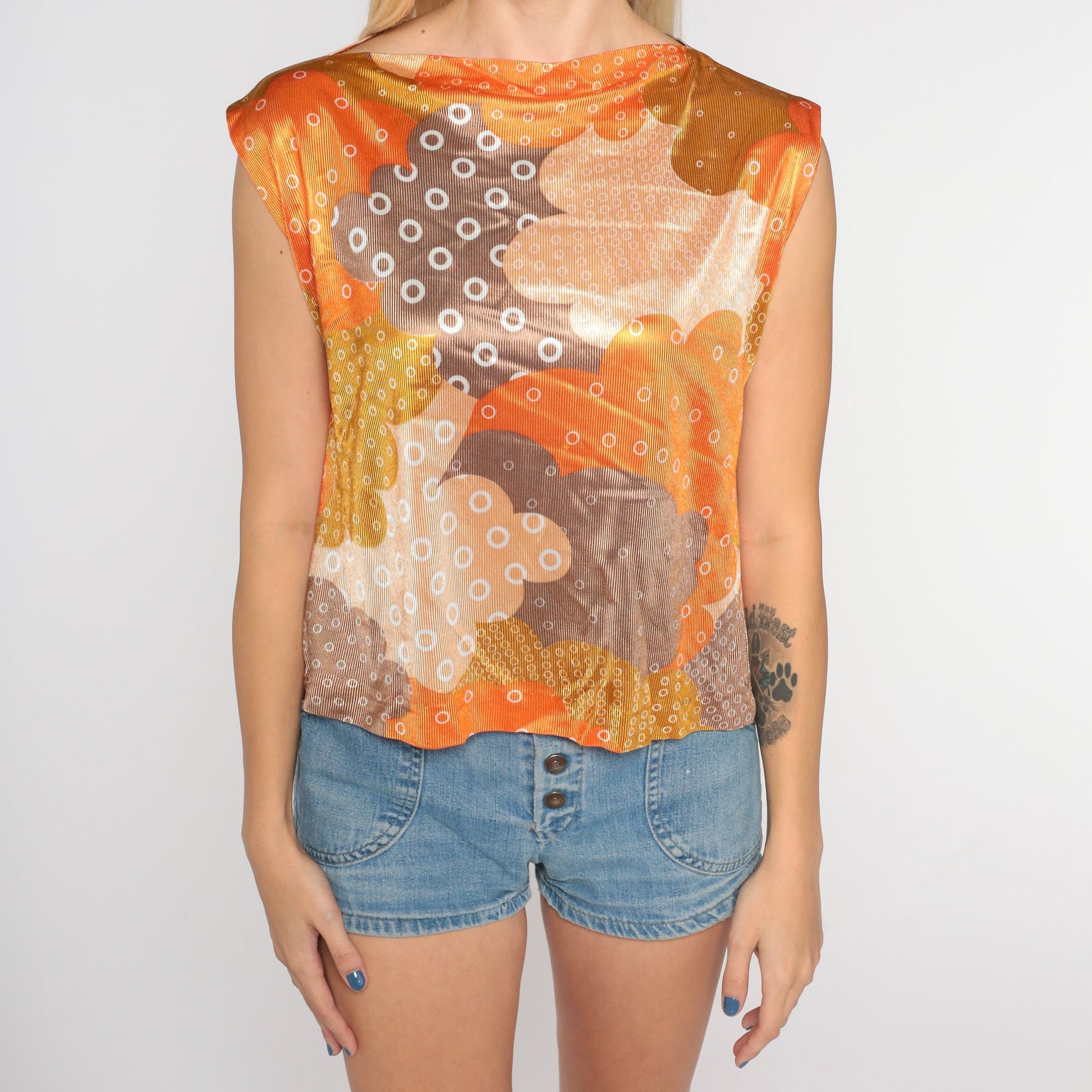 70s Cloud Print Cap Sleeve Top Orange Abstract Boat Neck Small
