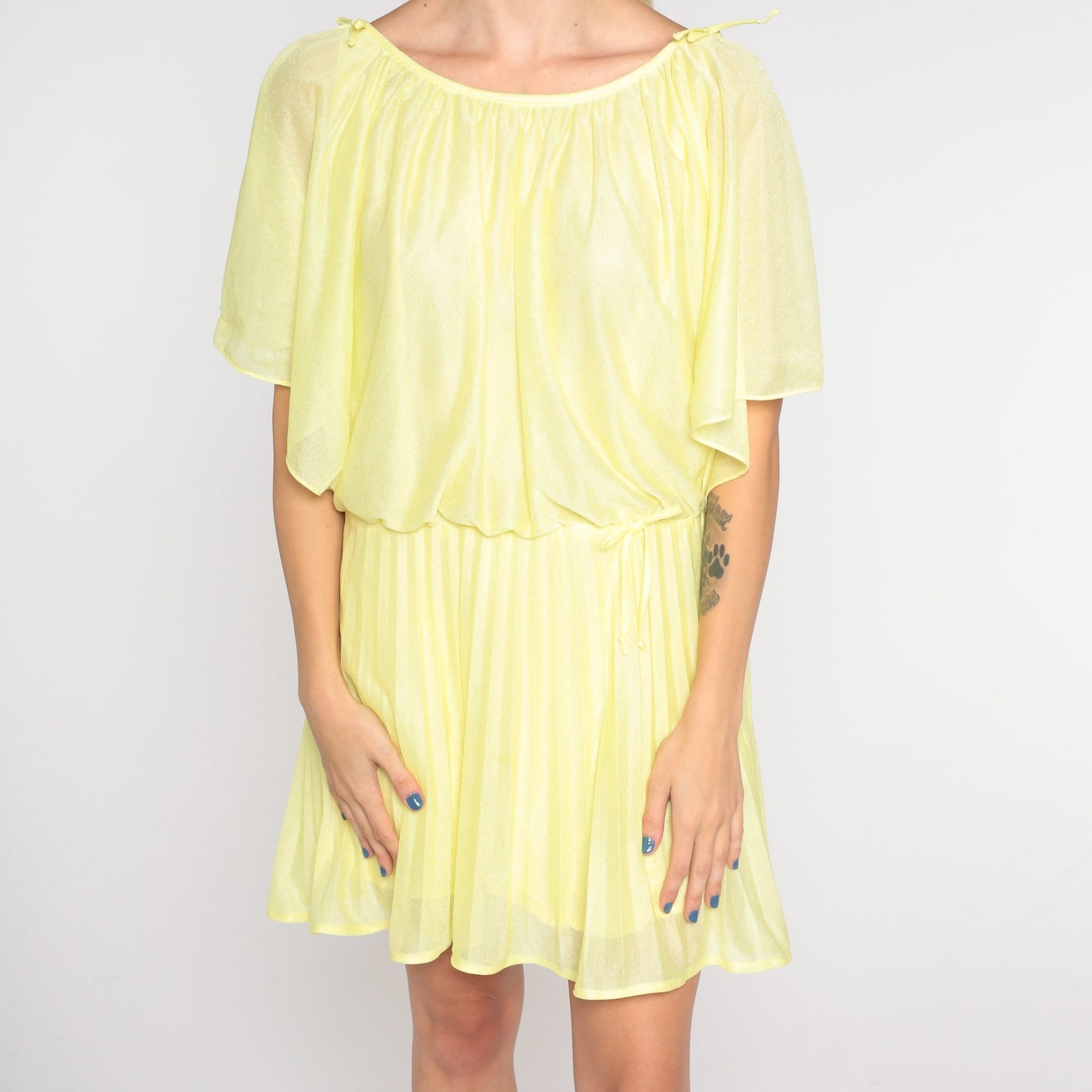 70s Yellow Mini Dress Pleated High Waist Draped Slit Sleeve Small Medium