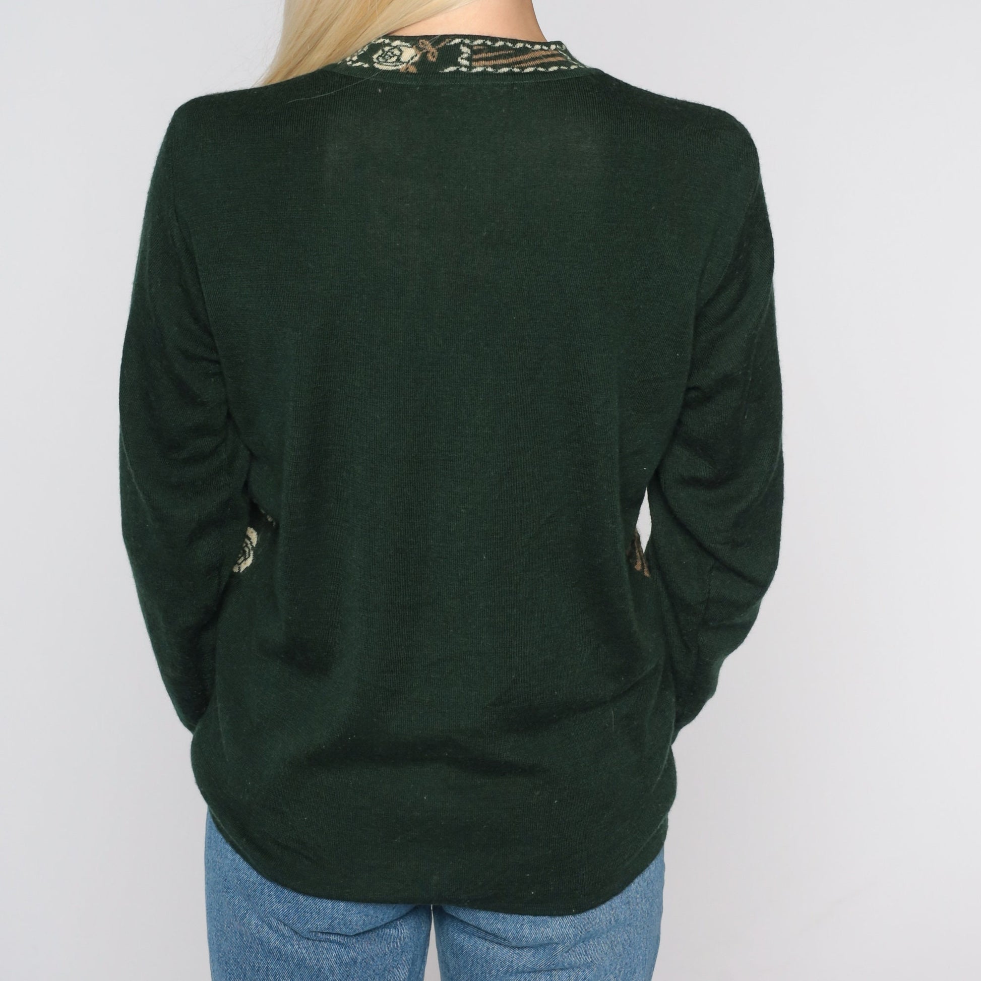80s Dark Green Floral Striped Angora Blend Sweater Crewneck Small