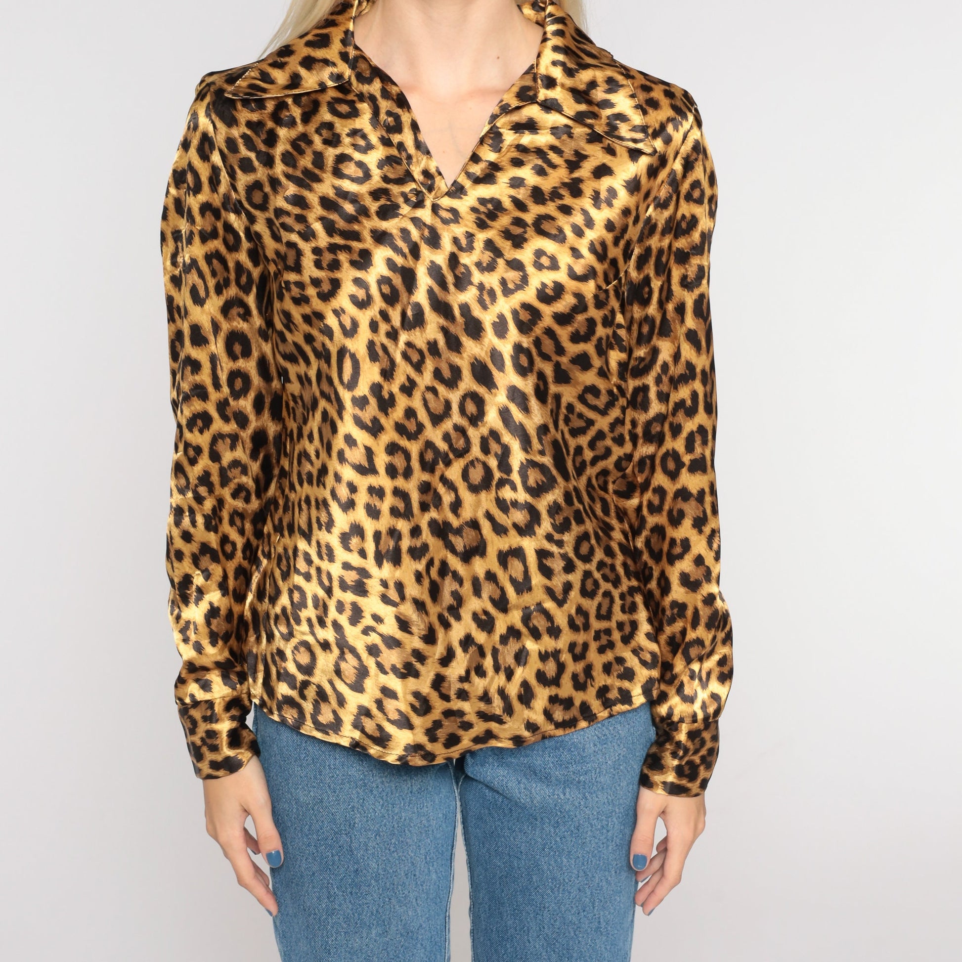 90s Leopard Print Blouse Pointed Collar Long Sleeve Small
