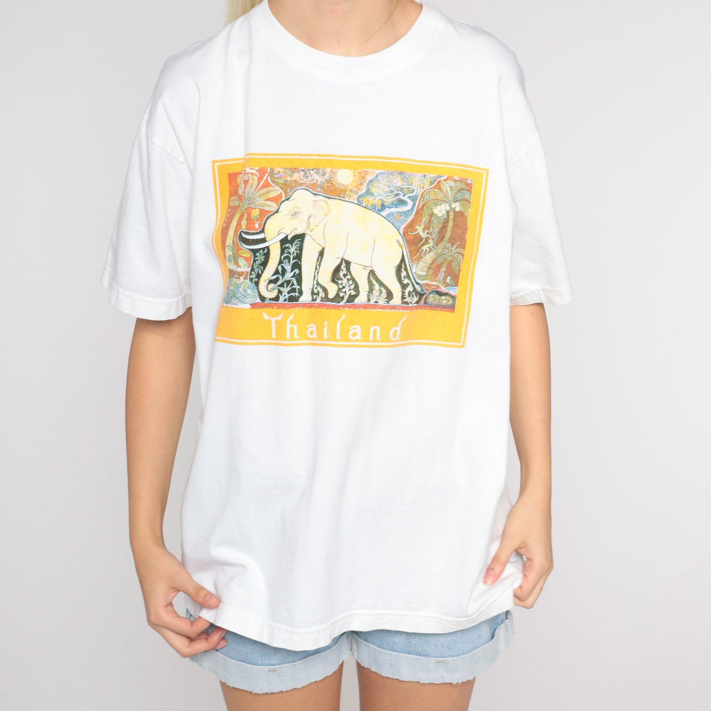 Y2K Thailand Elephant Graphic T-Shirt White Tourist Tee Men's Large