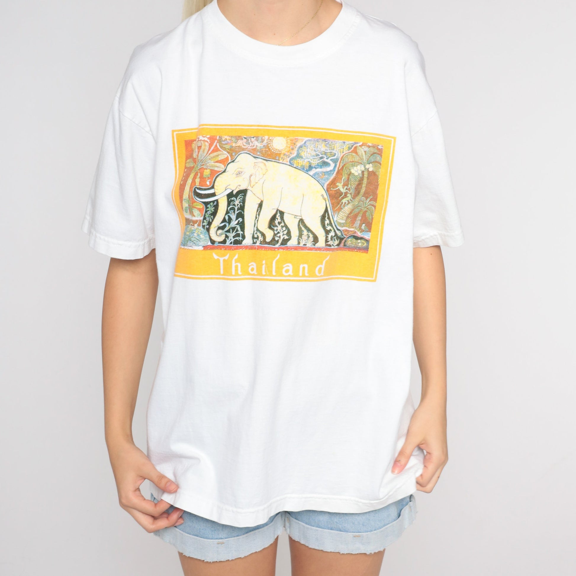 Y2K Thailand Elephant Graphic T-Shirt White Tourist Tee Men's Large